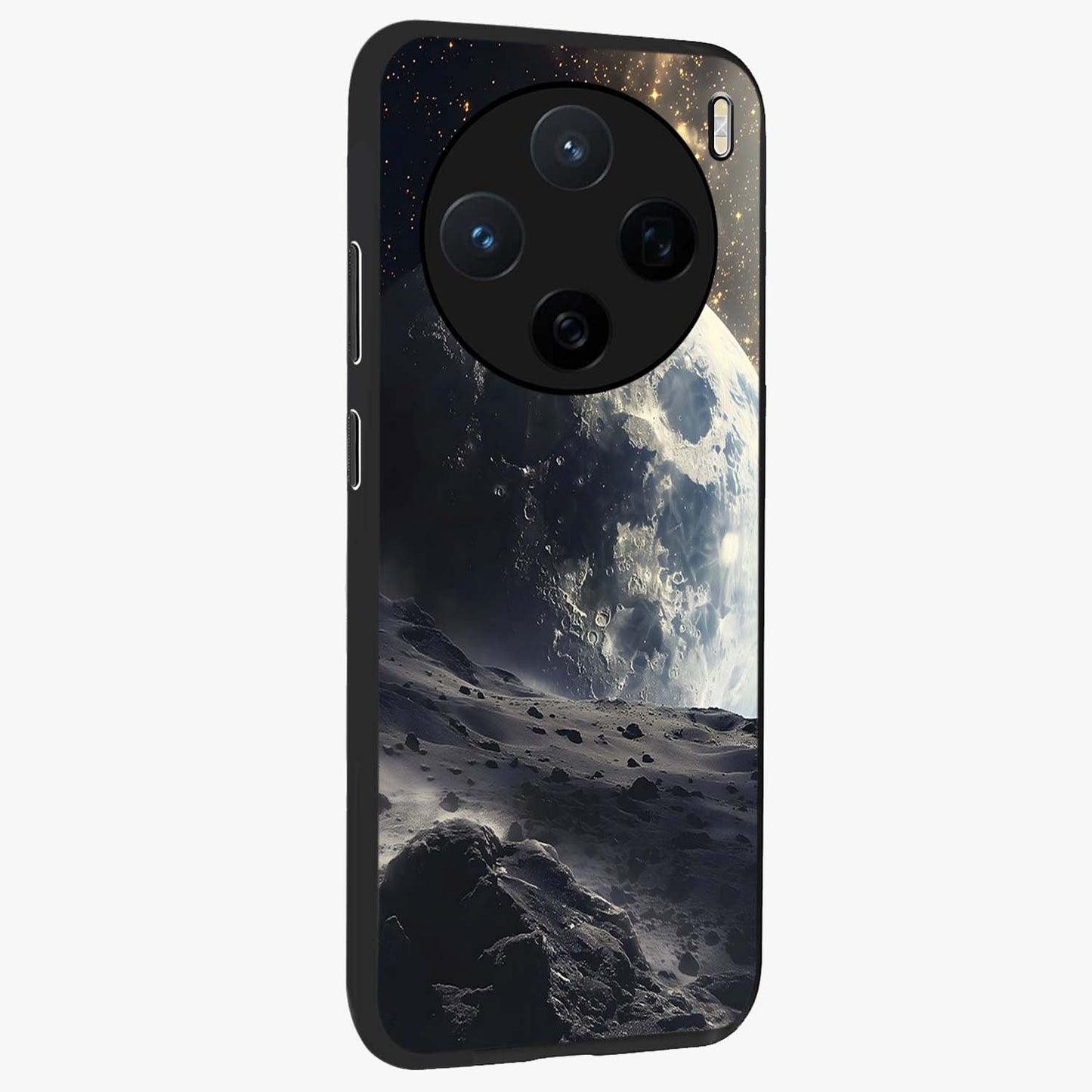 Lunar Horizon Glow Glass Case upright view showcasing radiant lunar artwork with calm cosmic theme.