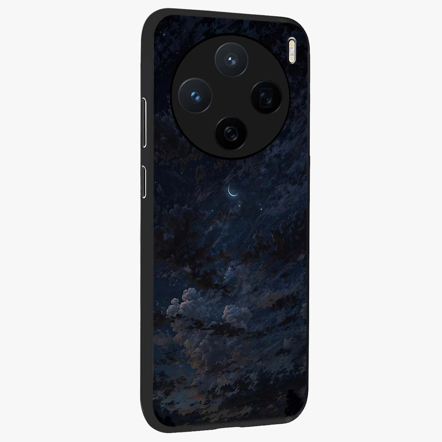 Lunar Veil Silence Glass Case upright view showcasing calm moon themed artwork with serene night atmosphere.