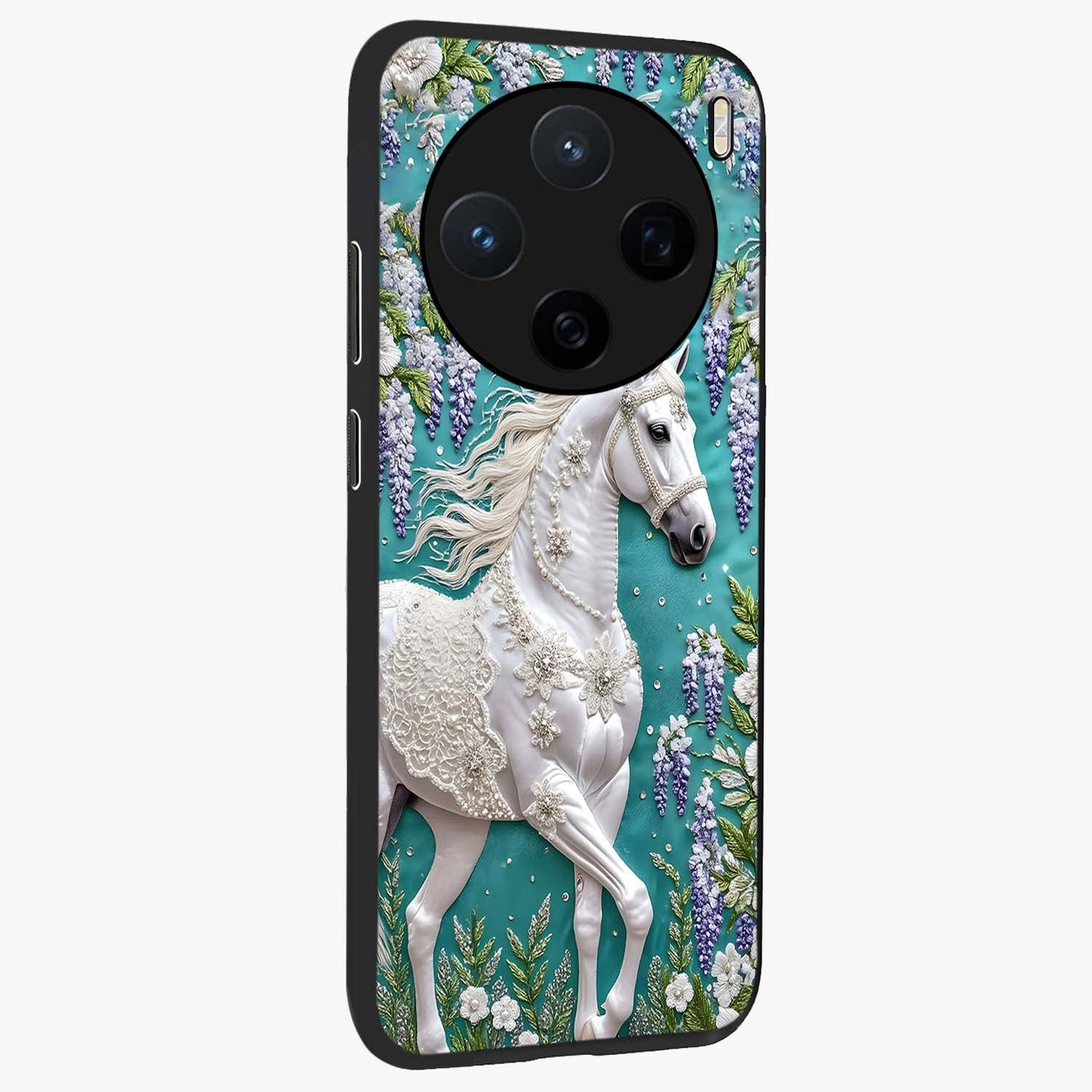 Majestic Floral Stallion Glass Case upright view showcasing dramatic horse artwork with decorative floral theme.