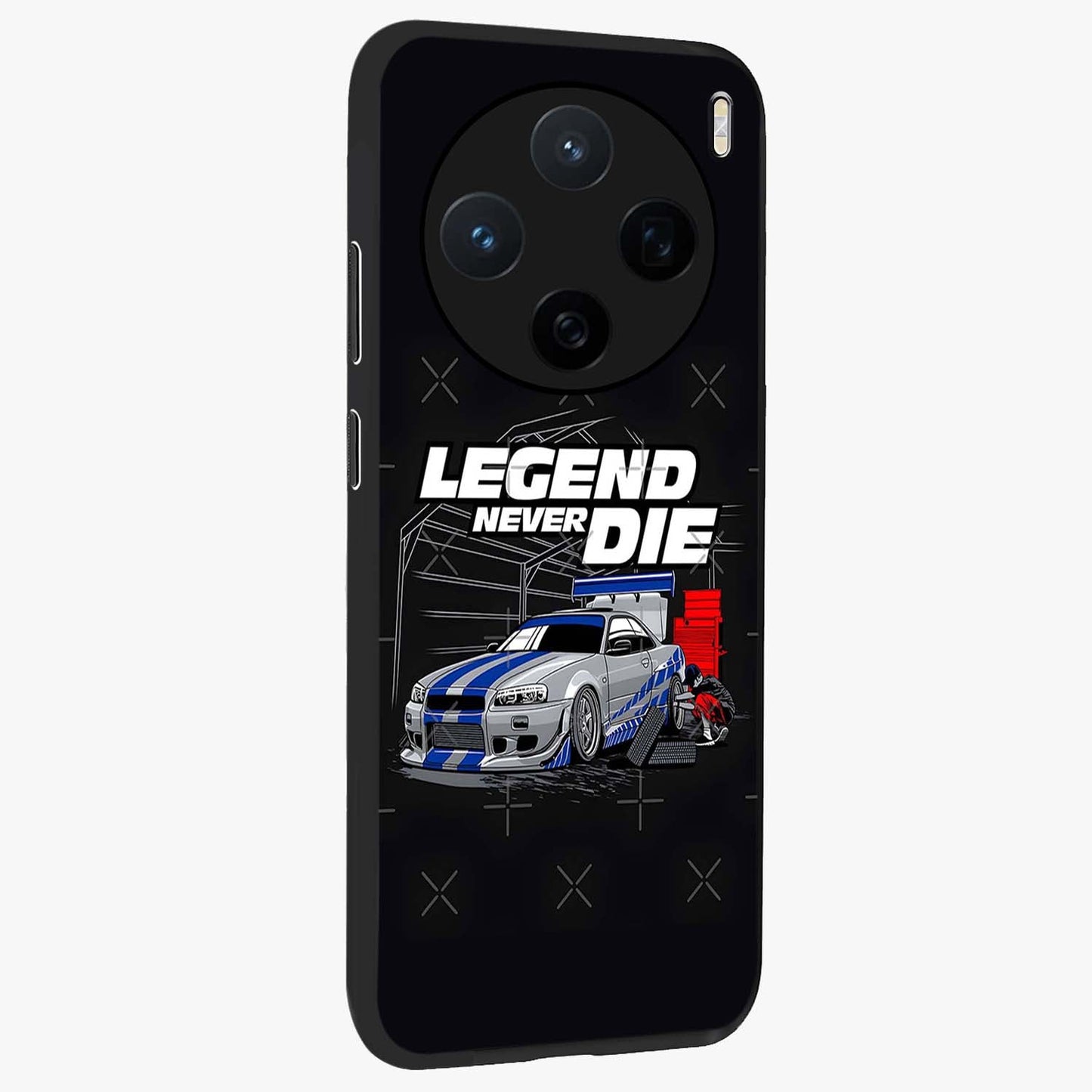 Midnight Racing Legacy Glass Case upright view showcasing powerful racing artwork with modern sports theme.