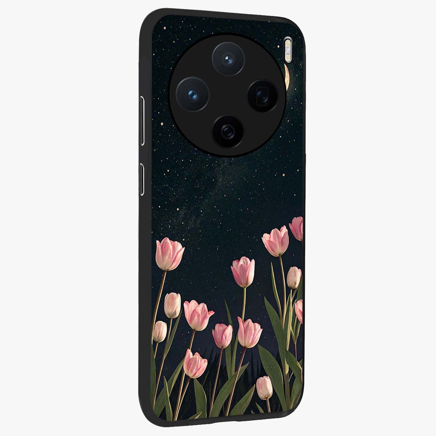 Midnight Tulip Whispers Vibe Glass Case upright view showcasing graceful tulip artwork with calm botanical theme.