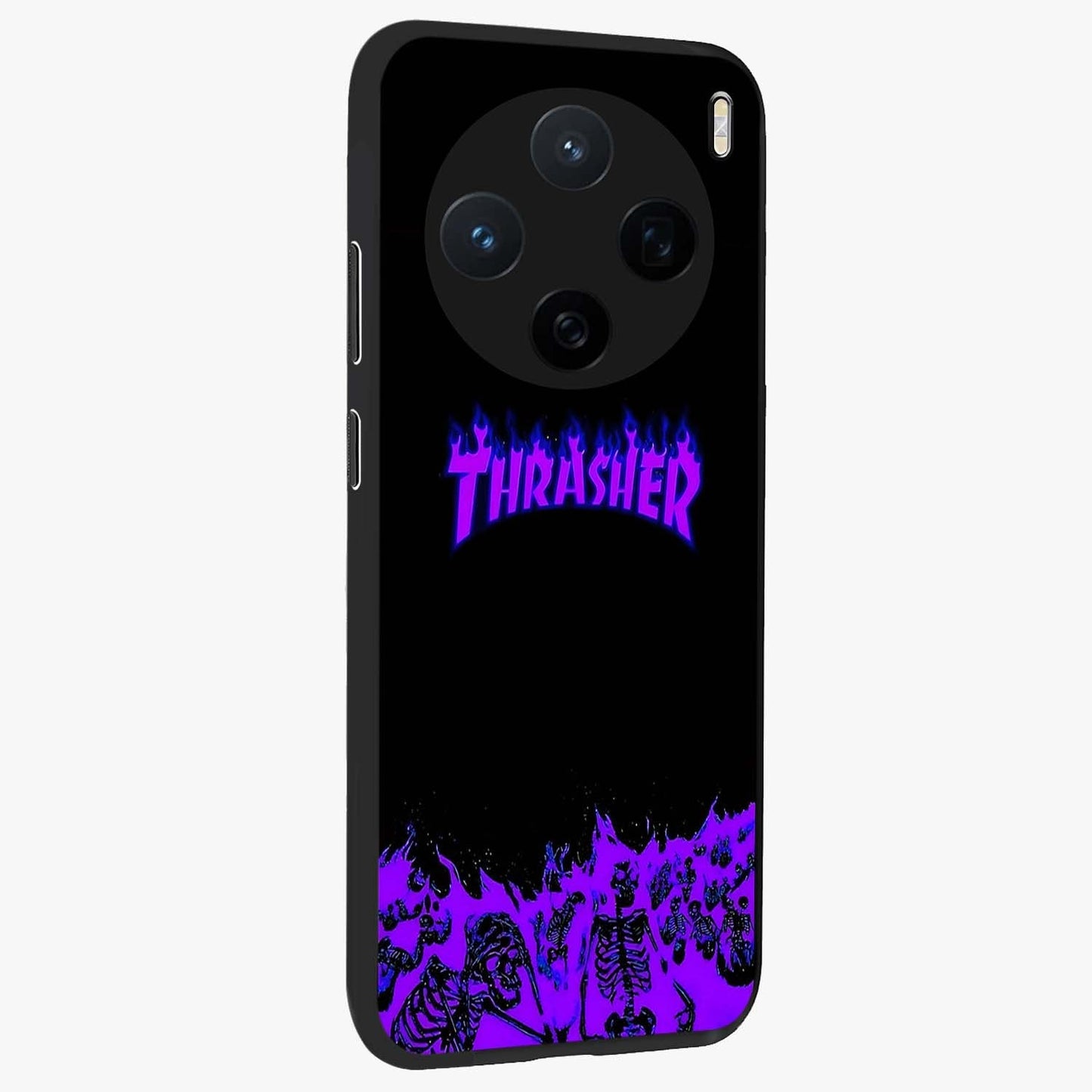 Neon Flame Riot Glass Case upright view showcasing dynamic flame artwork with energetic neon theme.