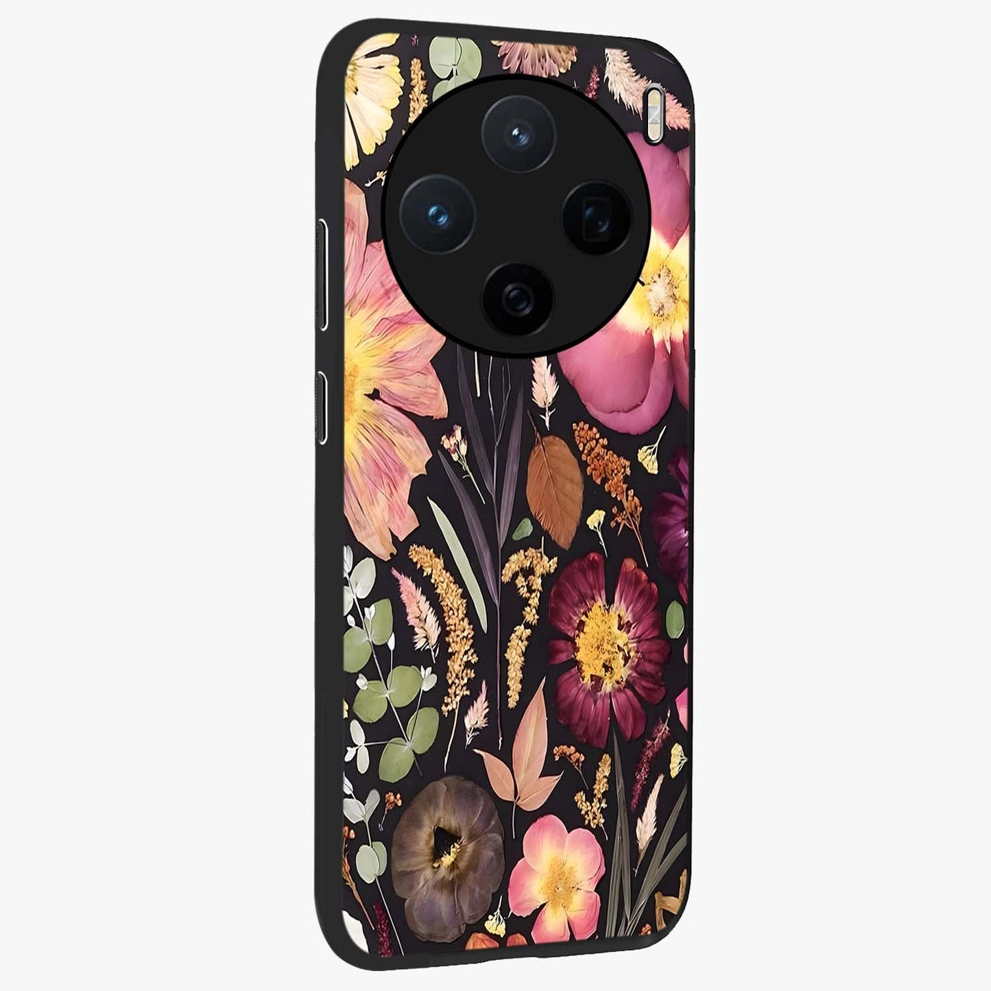 Petal Dream Tapestry Glass Case upright view showcasing detailed floral tapestry artwork with artistic nature theme.