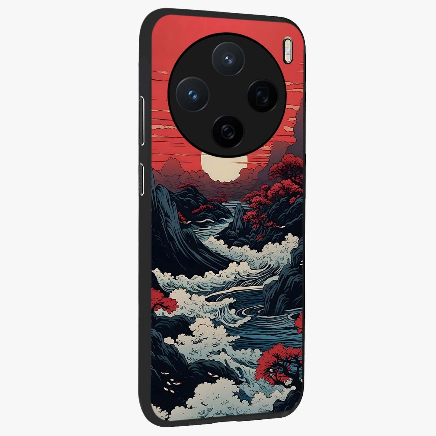 Red Sunset Scenery Glass Case upright view showcasing dramatic sunset scenery artwork with warm nature theme.