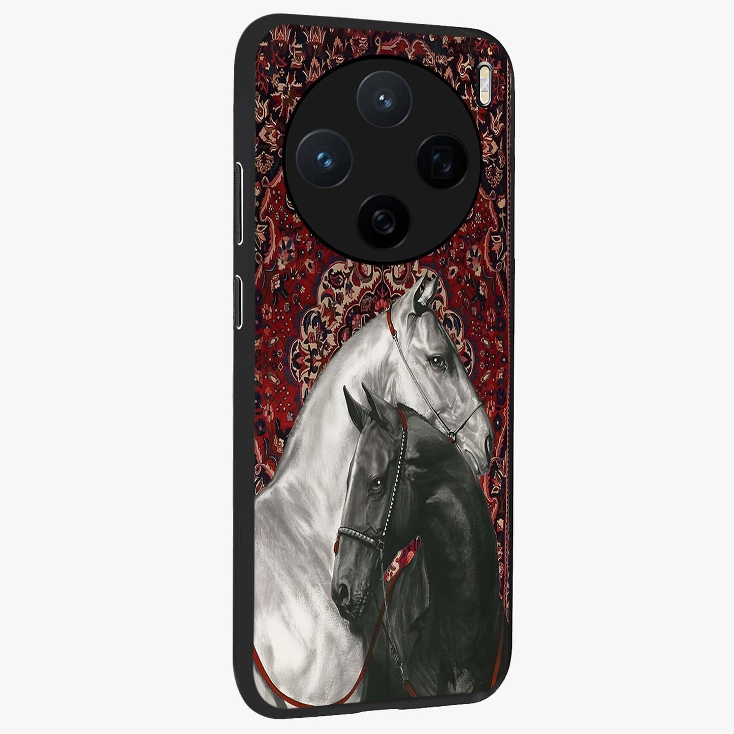 Regal Stallion Tapestry Glass Case upright view showcasing powerful horse artwork with elegant tapestry theme.