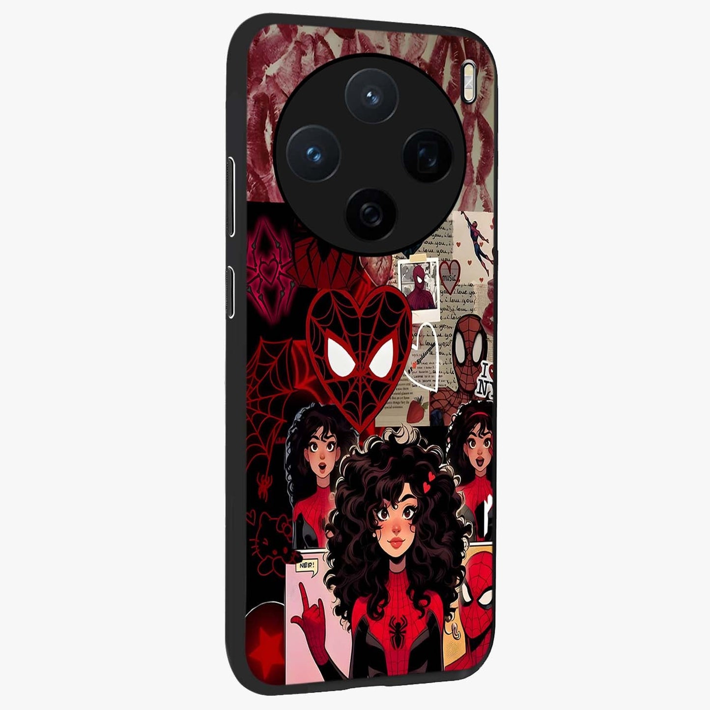 Spider Love Story Glass Case upright view showcasing charming superhero artwork with romantic comic theme.