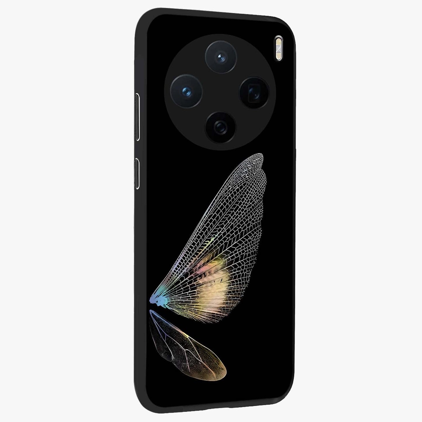 Whispers Of Wings Glass Case upright view showcasing elegant wing artwork with light airy theme.