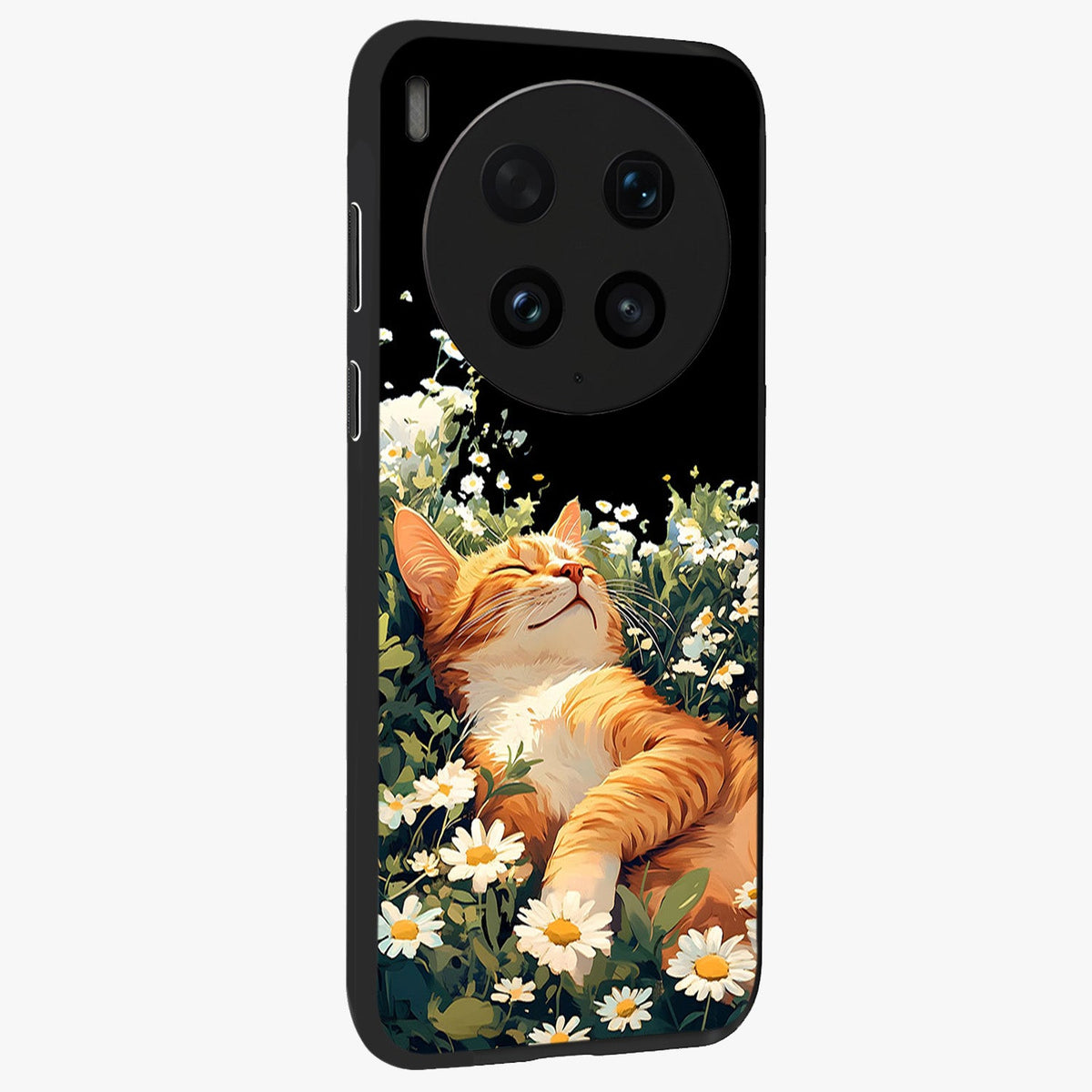 Blissful Bloom Cat Glass Case upright view showcasing charming cat design surrounded by blooming floral elements.