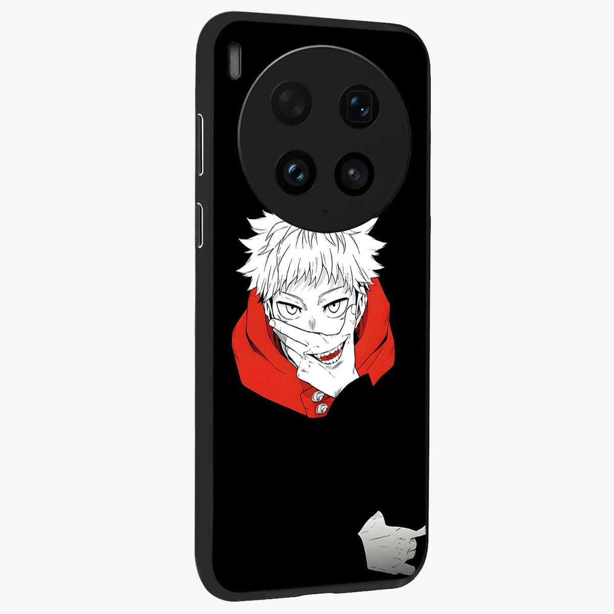 Crimson Chaos Smile Glass Case upright view showcasing expressive chaotic artwork with striking visual theme.