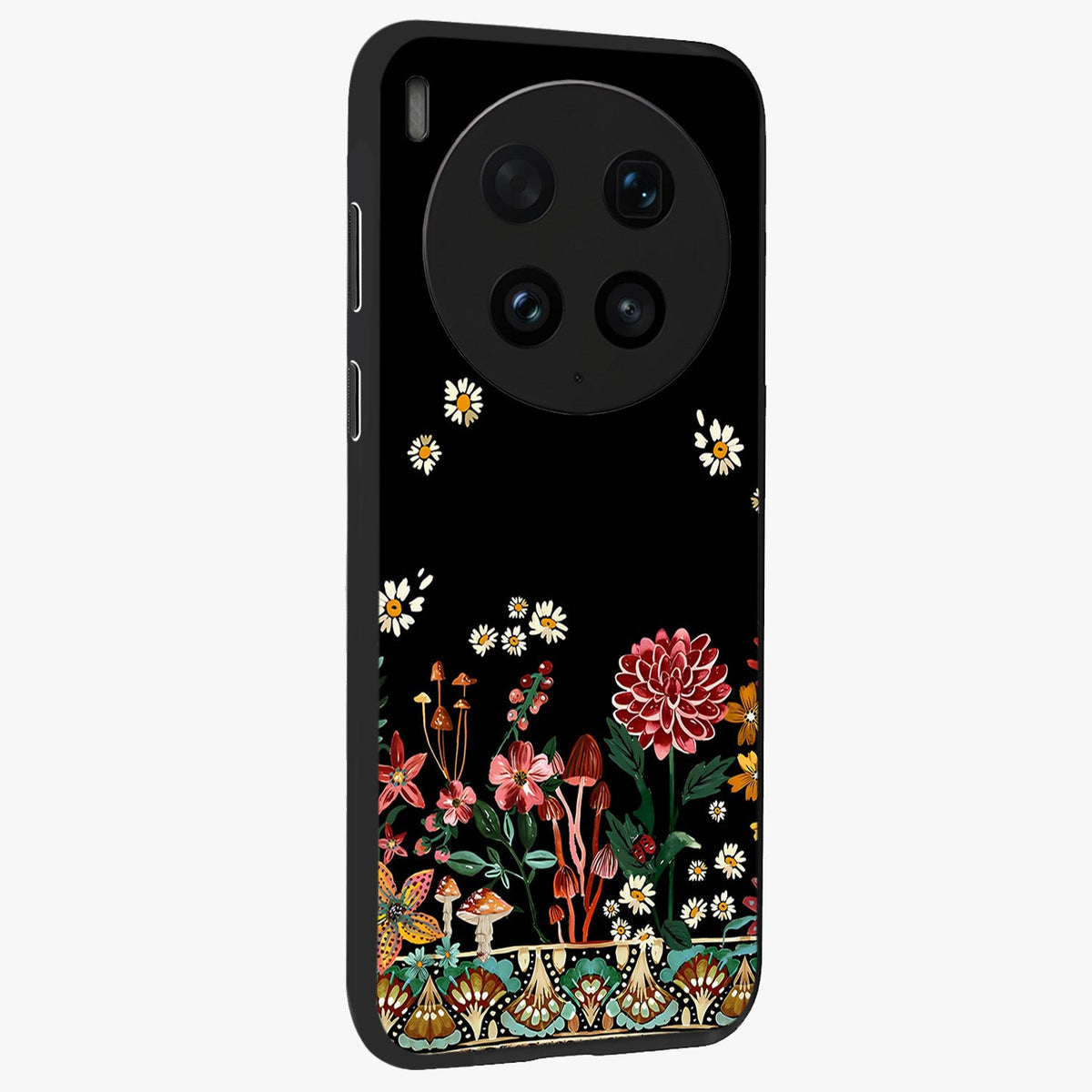 Midnight Bloom Pattern Glass Case upright view showcasing decorative floral artwork with deep night themed palette.