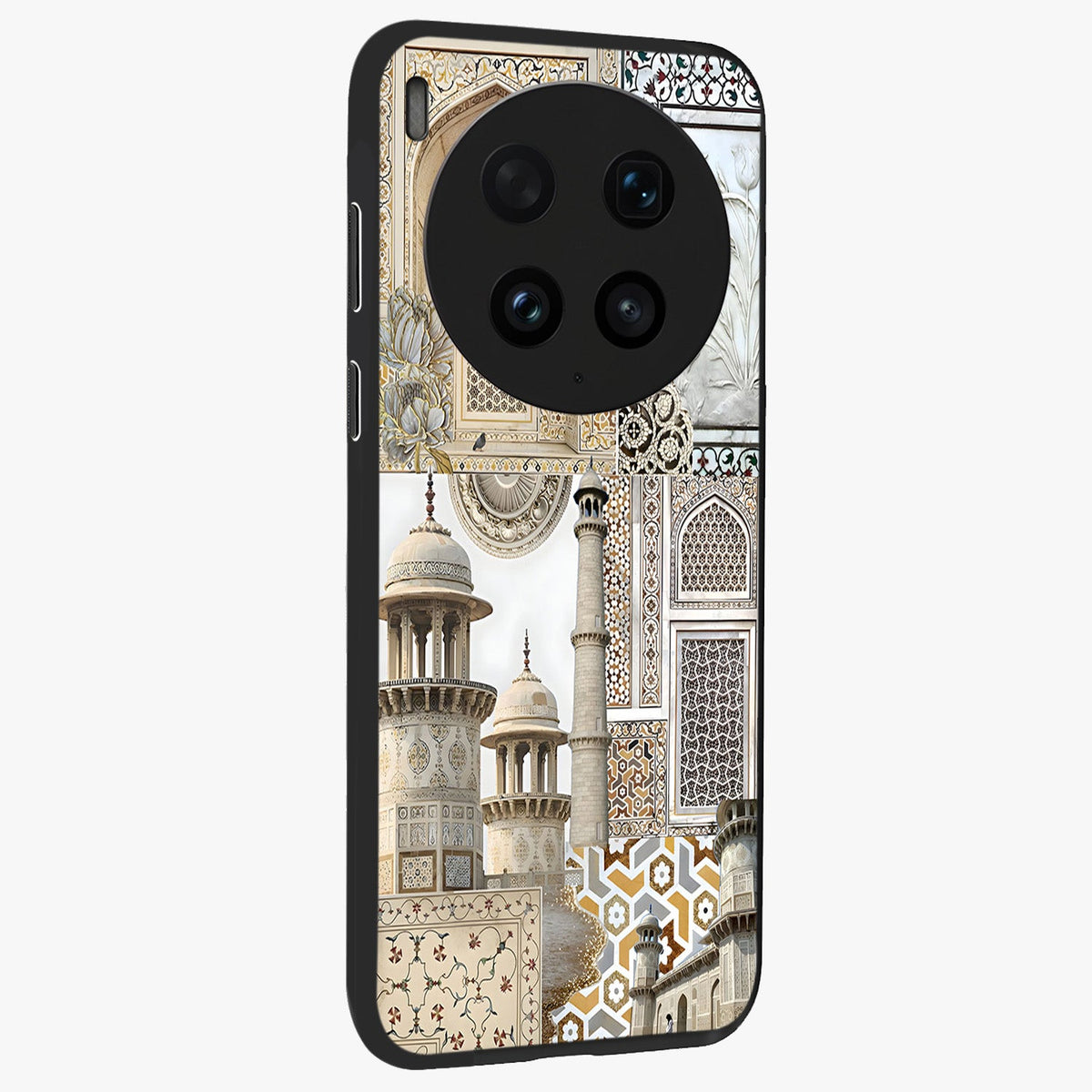 Mughal Marble Legacy Glass Case upright view showcasing ornate Mughal design with luxurious traditional theme.