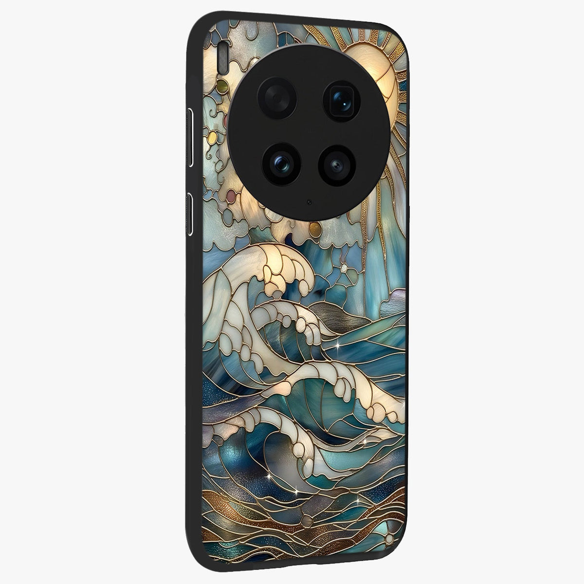 Oceanic Stained Printed Glass Case upright view showcasing decorative ocean pattern artwork with vibrant marine theme.