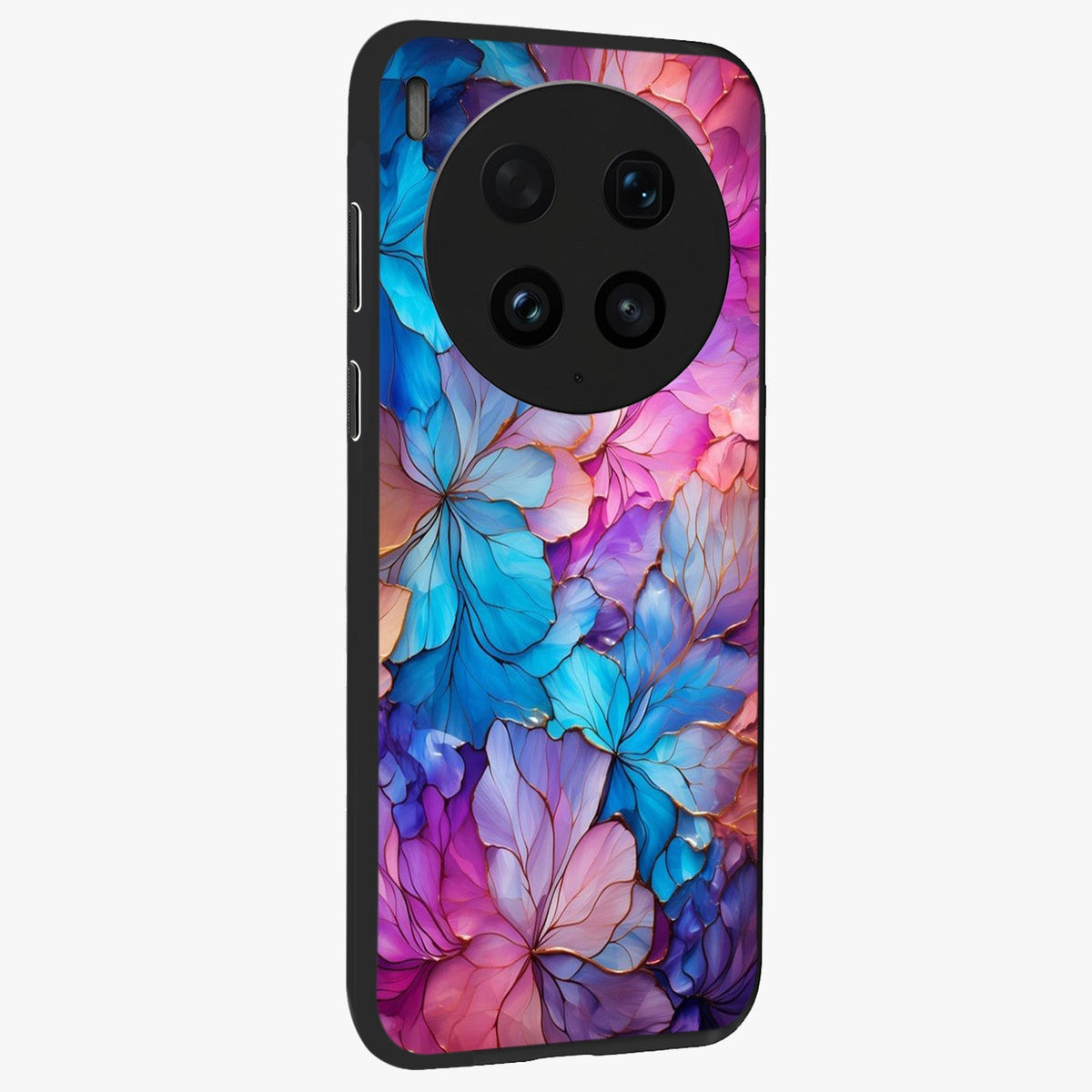 Radiant Floral Whirl Glass Case upright view showcasing lively floral artwork with decorative swirl theme.
