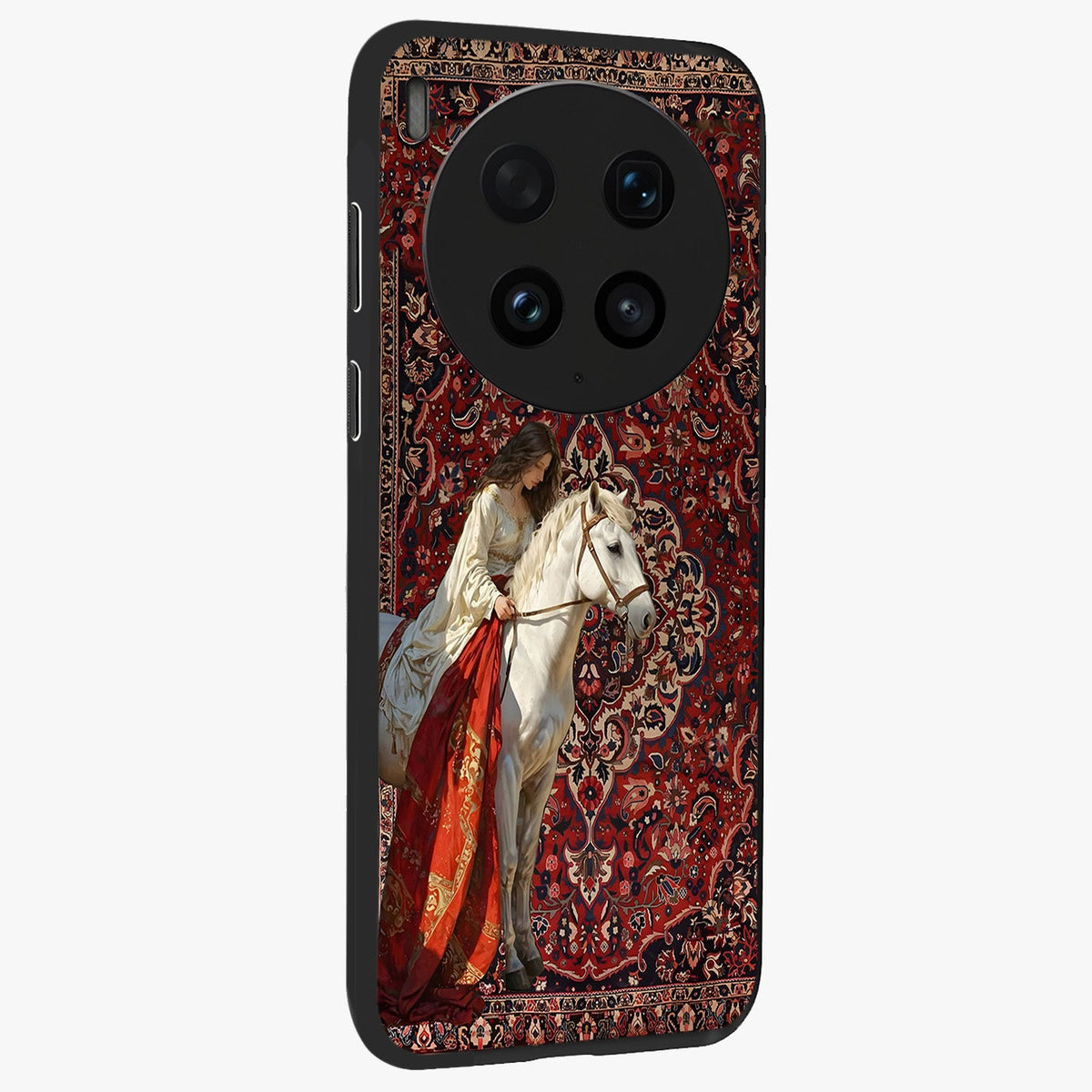Royal Rider Tapestry Glass Case upright view showcasing detailed rider artwork with classic tapestry theme.