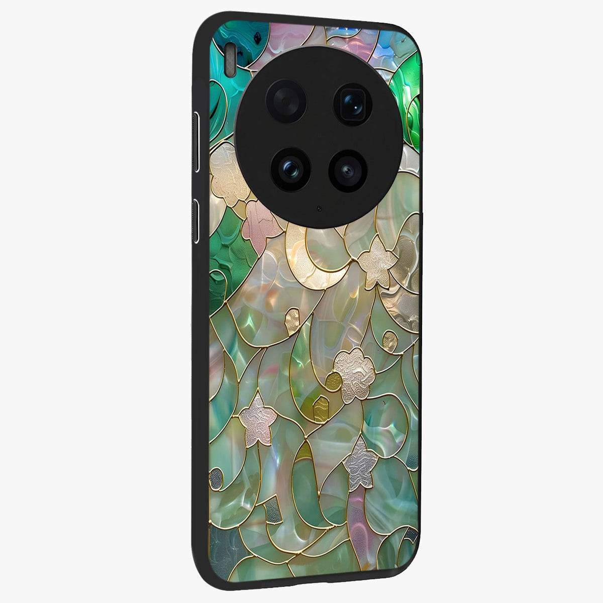 Stained Sunrise Glow Glass Case upright view showcasing colorful sunrise artwork with warm morning theme.