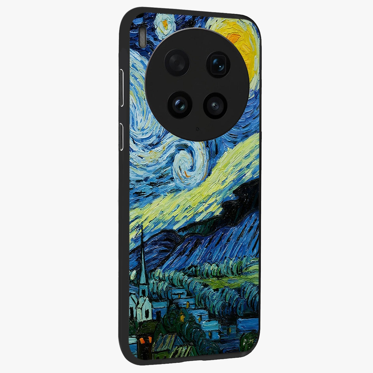 Van Gogh Art Glass Case upright view showcasing expressive painting style artwork with timeless artistic theme.