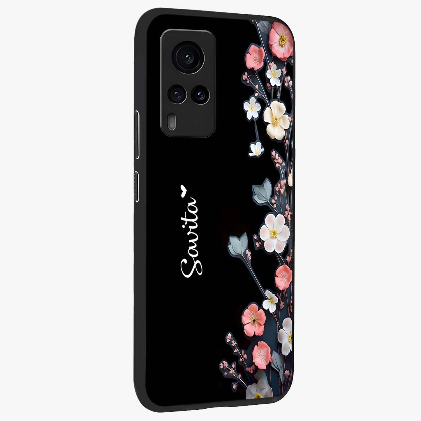 Black Elegance Floral Custom Name Glass Case upright view showcasing luxurious black floral design with personalized name detail.