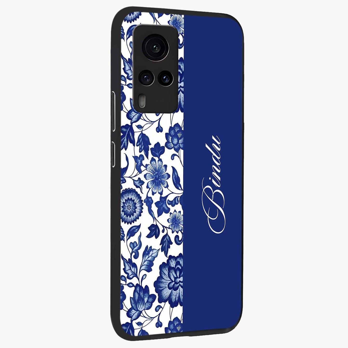 Blue Vintage Floral Pattern Glass Case upright view showcasing delicate blush floral texture with modern minimal style.