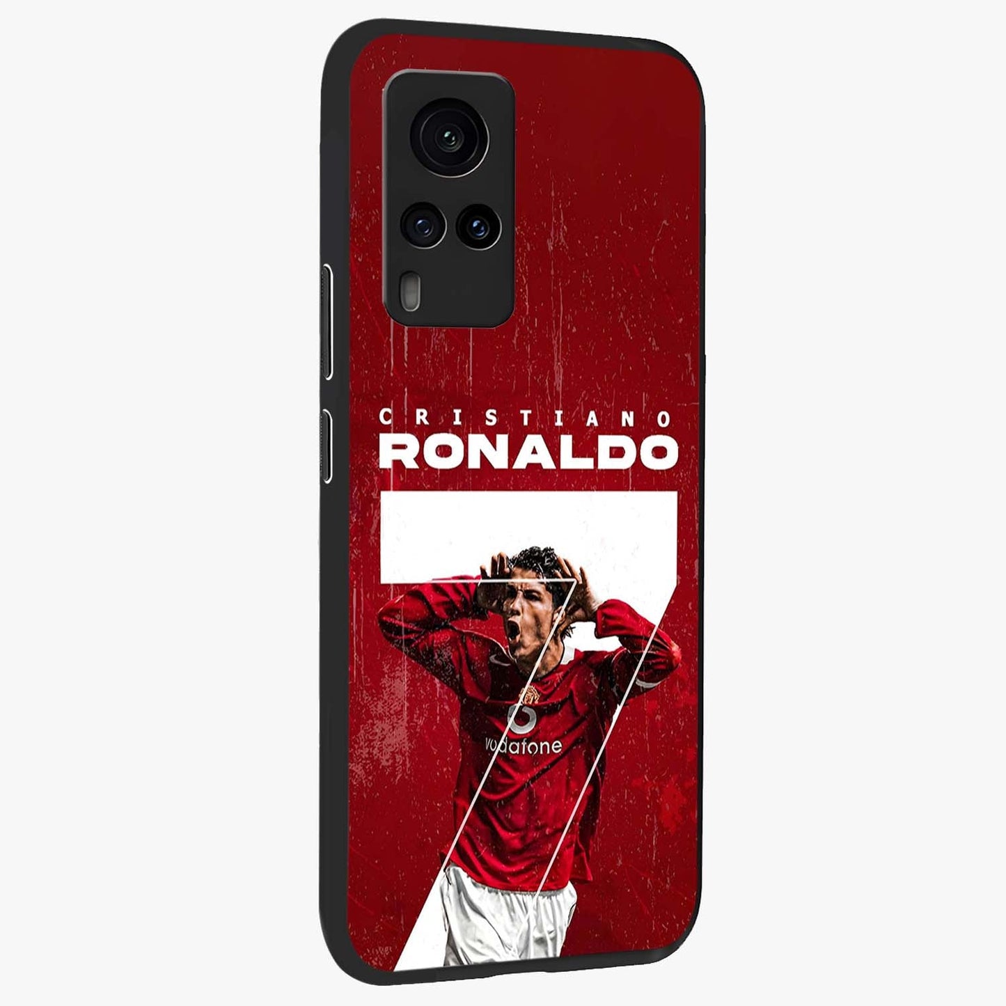 Goal Celebration Legacy Glass Case upright view showcasing dynamic football inspired artwork with victory celebration aesthetic.