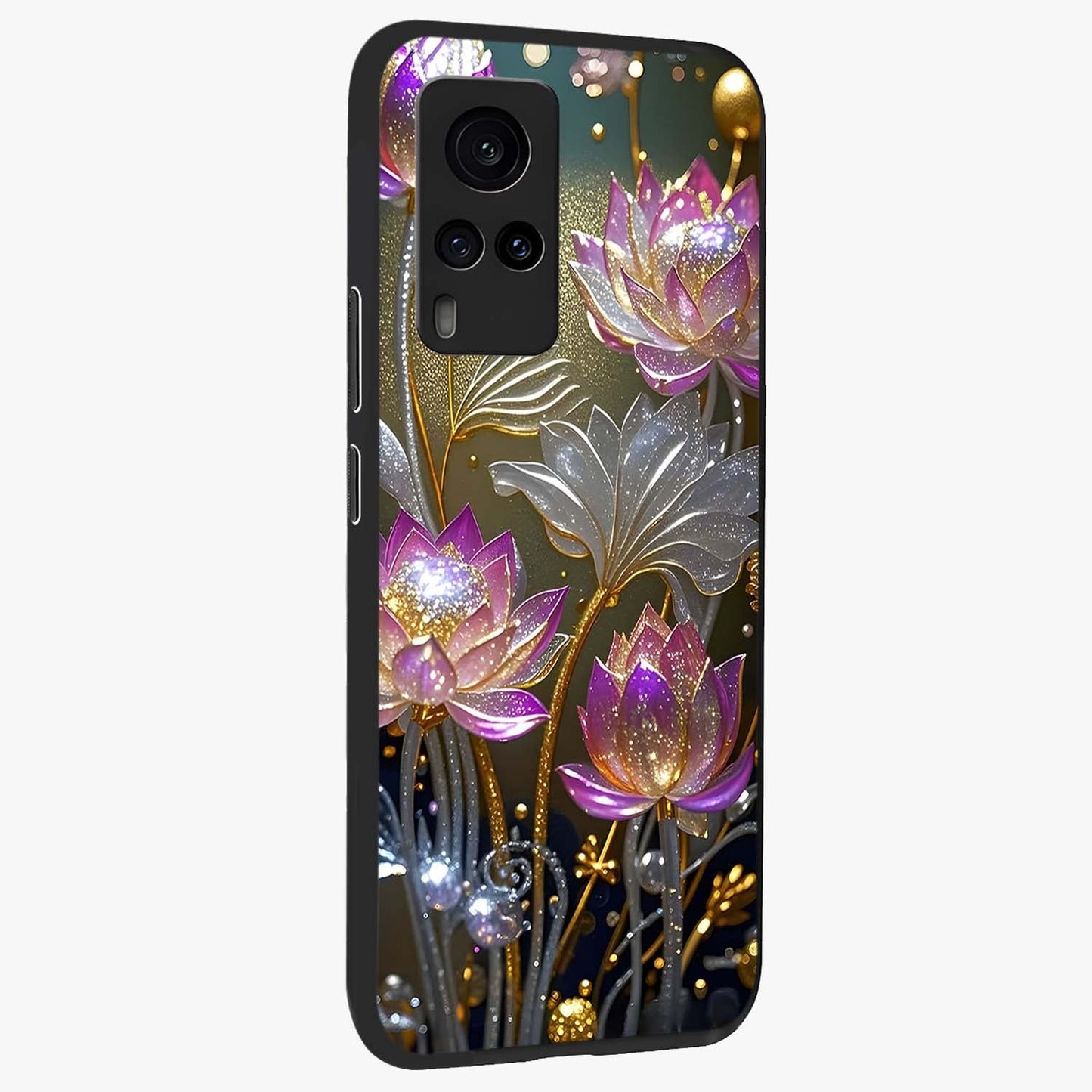 Golden Floral Majesty Glass Case upright view showcasing majestic floral artwork with rich decorative theme.