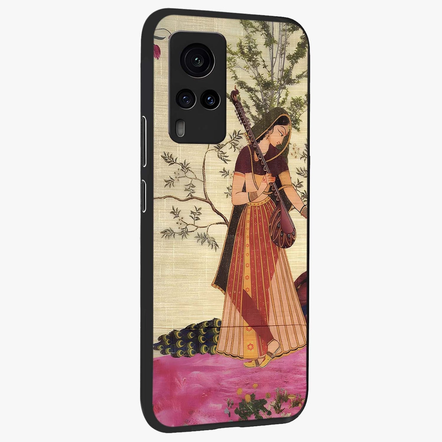 Lady With Veena Art Glass Case upright view showcasing classical veena artwork with traditional artistic theme.