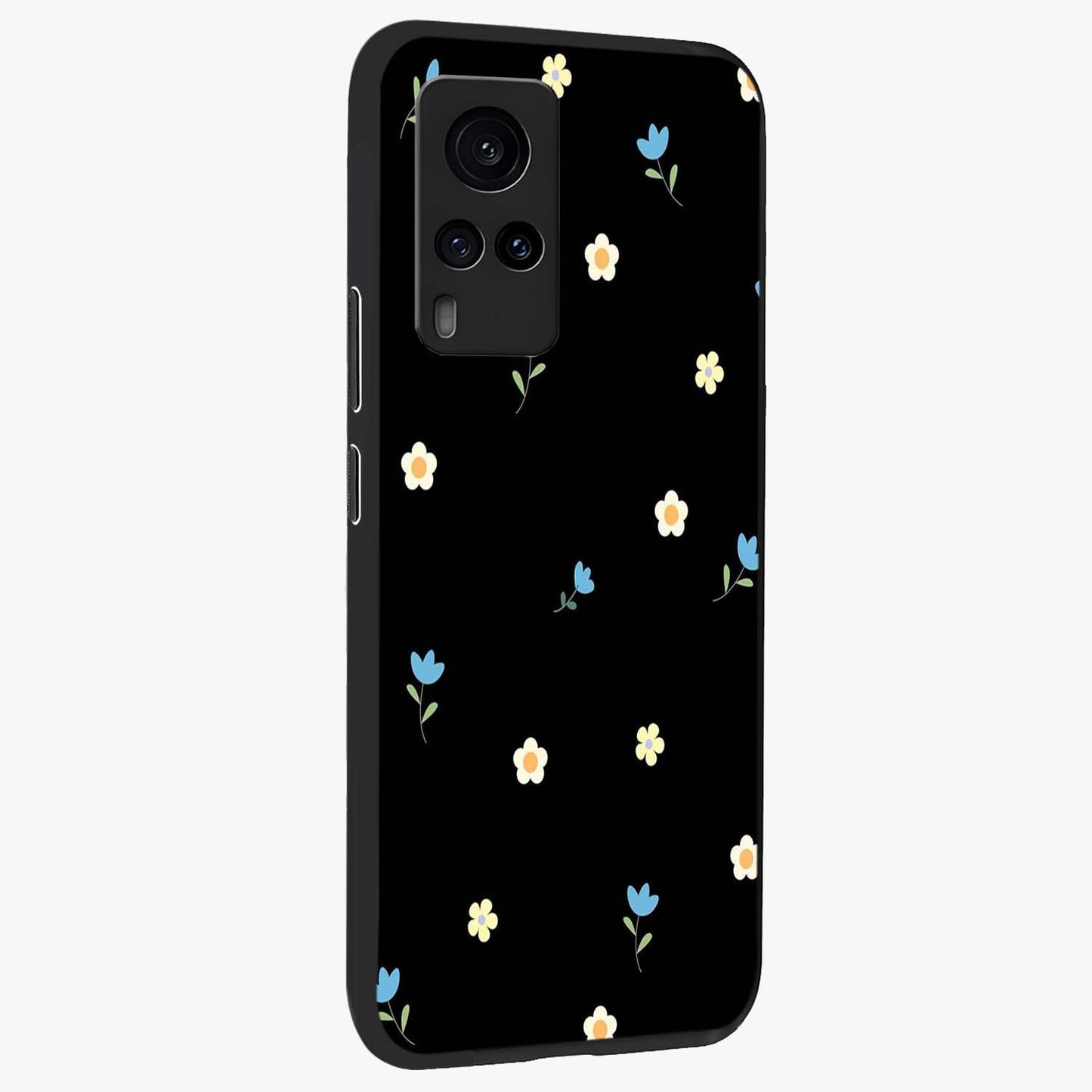 Minimal Petal Whispers Glass Case upright view showcasing elegant floral artwork with modern minimalist style.
