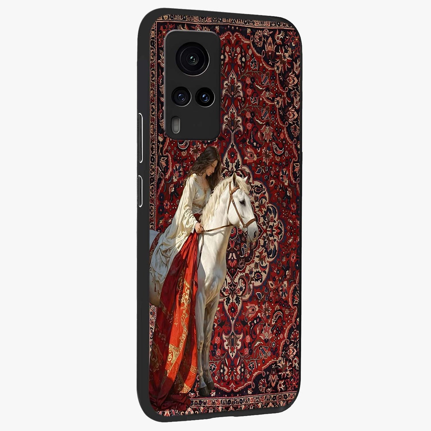 Royal Rider Tapestry Glass Case upright view showcasing detailed rider artwork with classic tapestry theme.