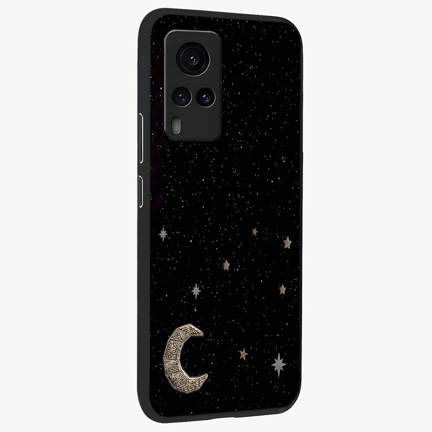 Twinkle Star With Half Moon Glass Case upright view showcasing glowing cosmic artwork with dreamy night theme.