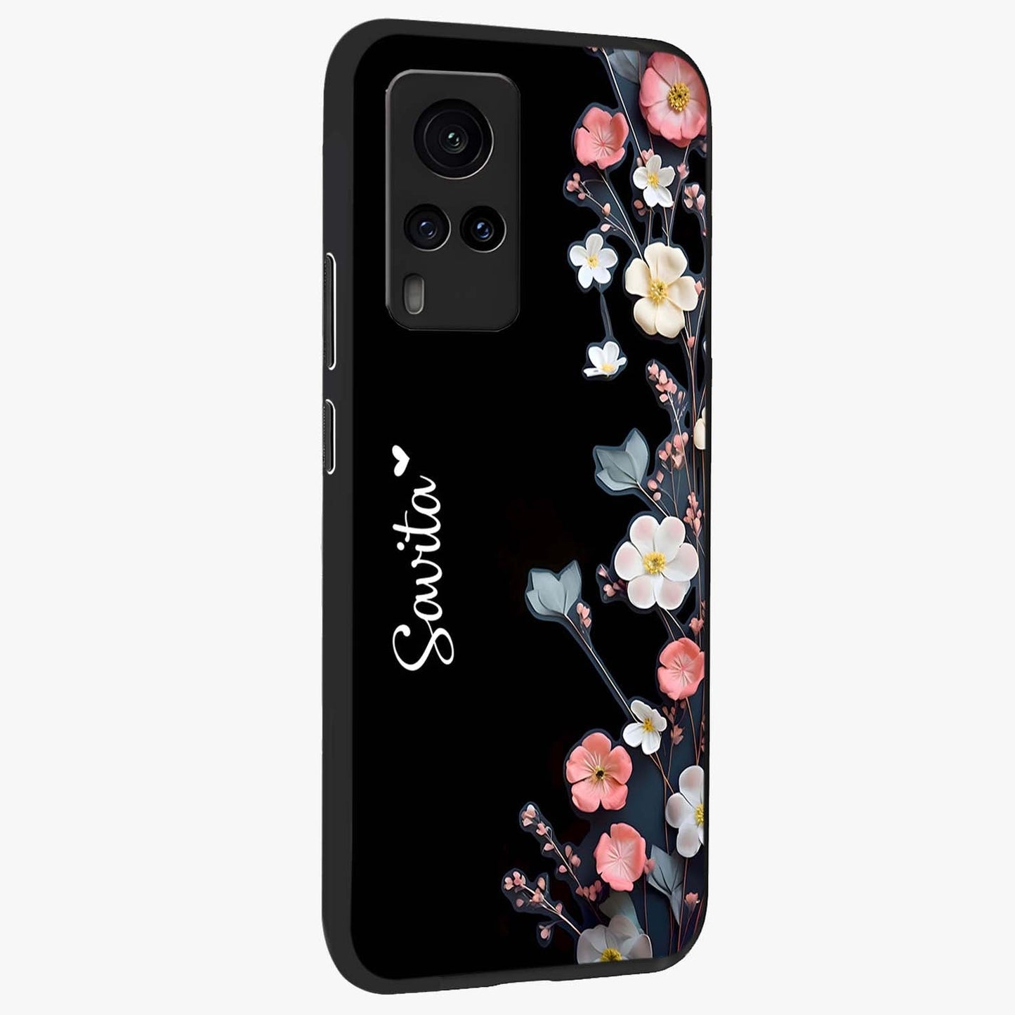 Black Elegance Floral Custom Name Glass Case upright view showcasing luxurious black floral design with personalized name detail.