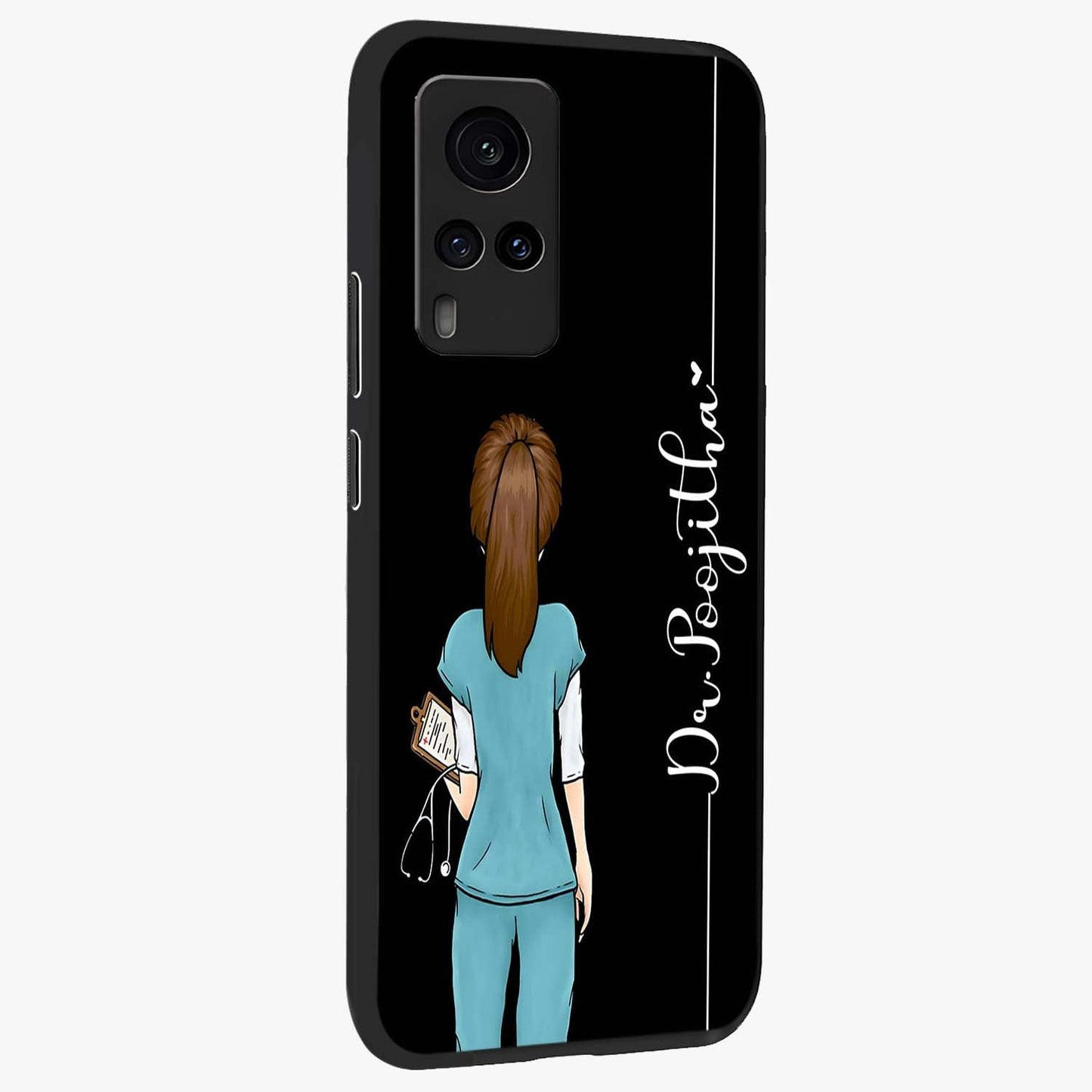 Doctor Pattern Custom Name Glass Case upright view showcasing healthcare themed design with personalized aesthetic.