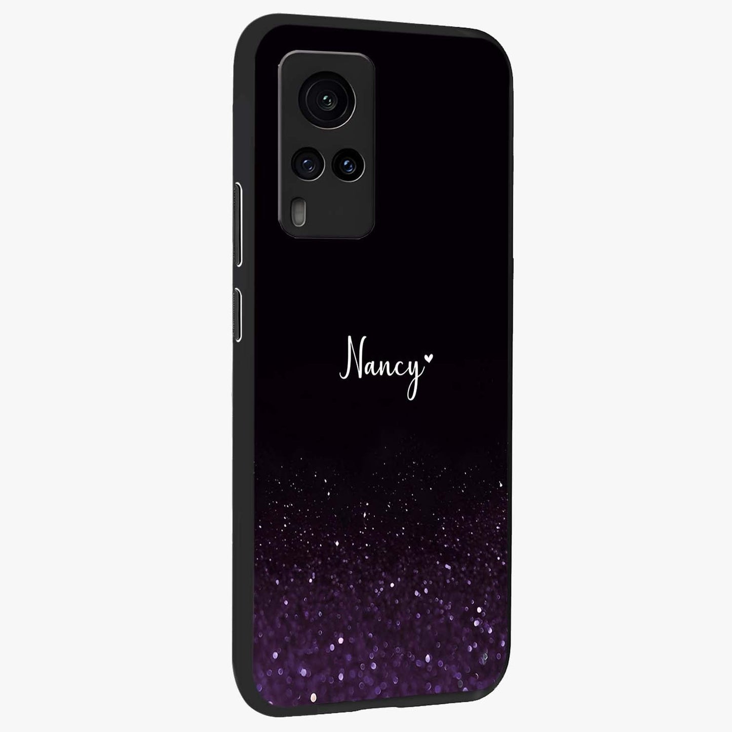 Glittery Purple Bokeh Custom Name Glass Case upright view showcasing vibrant purple sparkle artwork with personalized aesthetic style.