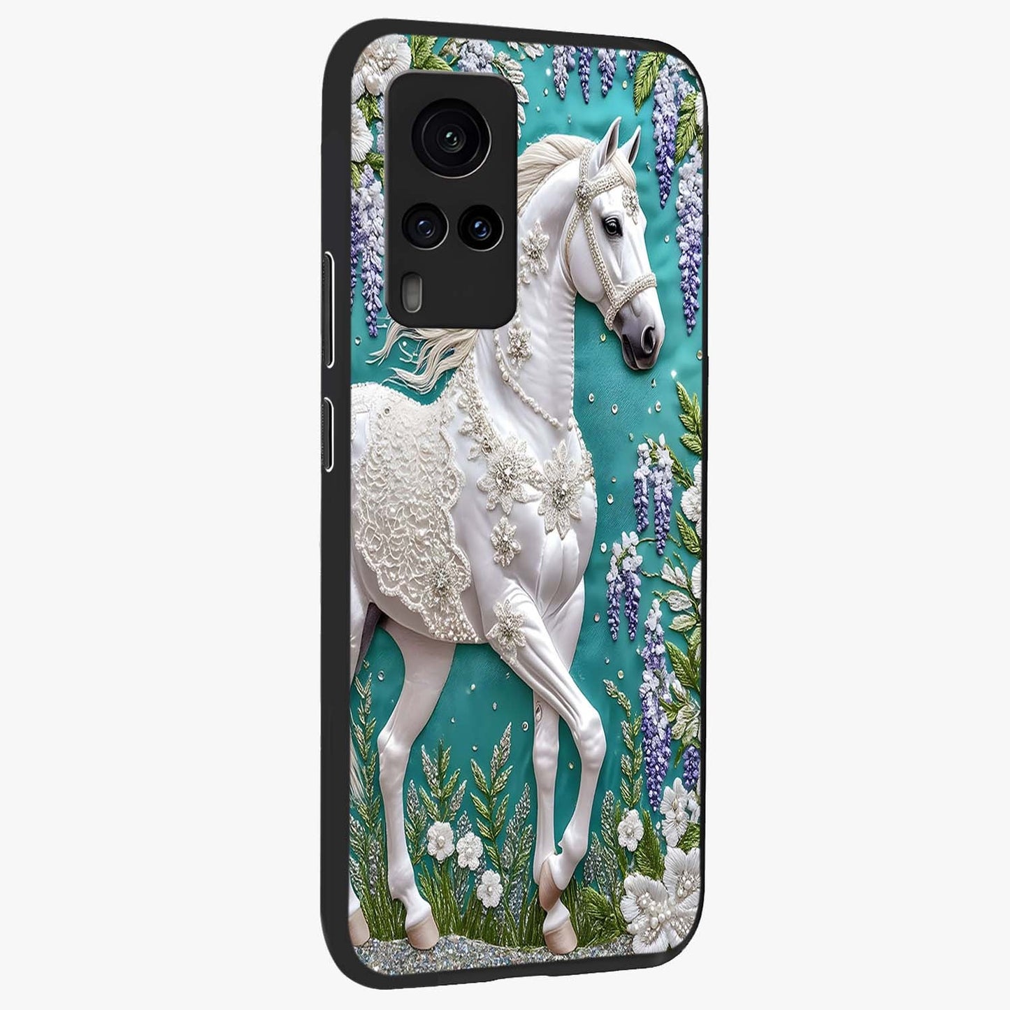 Majestic Floral Stallion Glass Case upright view showcasing dramatic horse artwork with decorative floral theme.