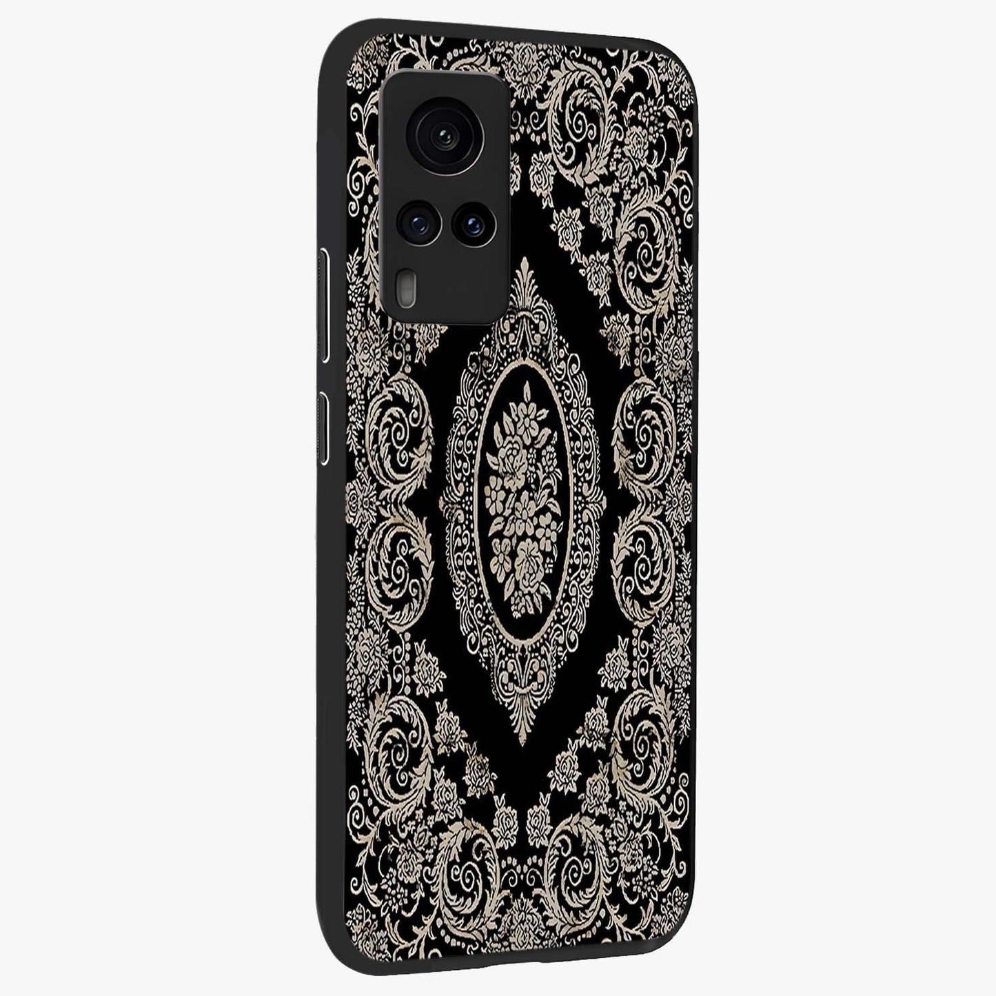 Noir Bloom Elegance Glass Case upright view showcasing graceful floral artwork with luxurious dark theme.