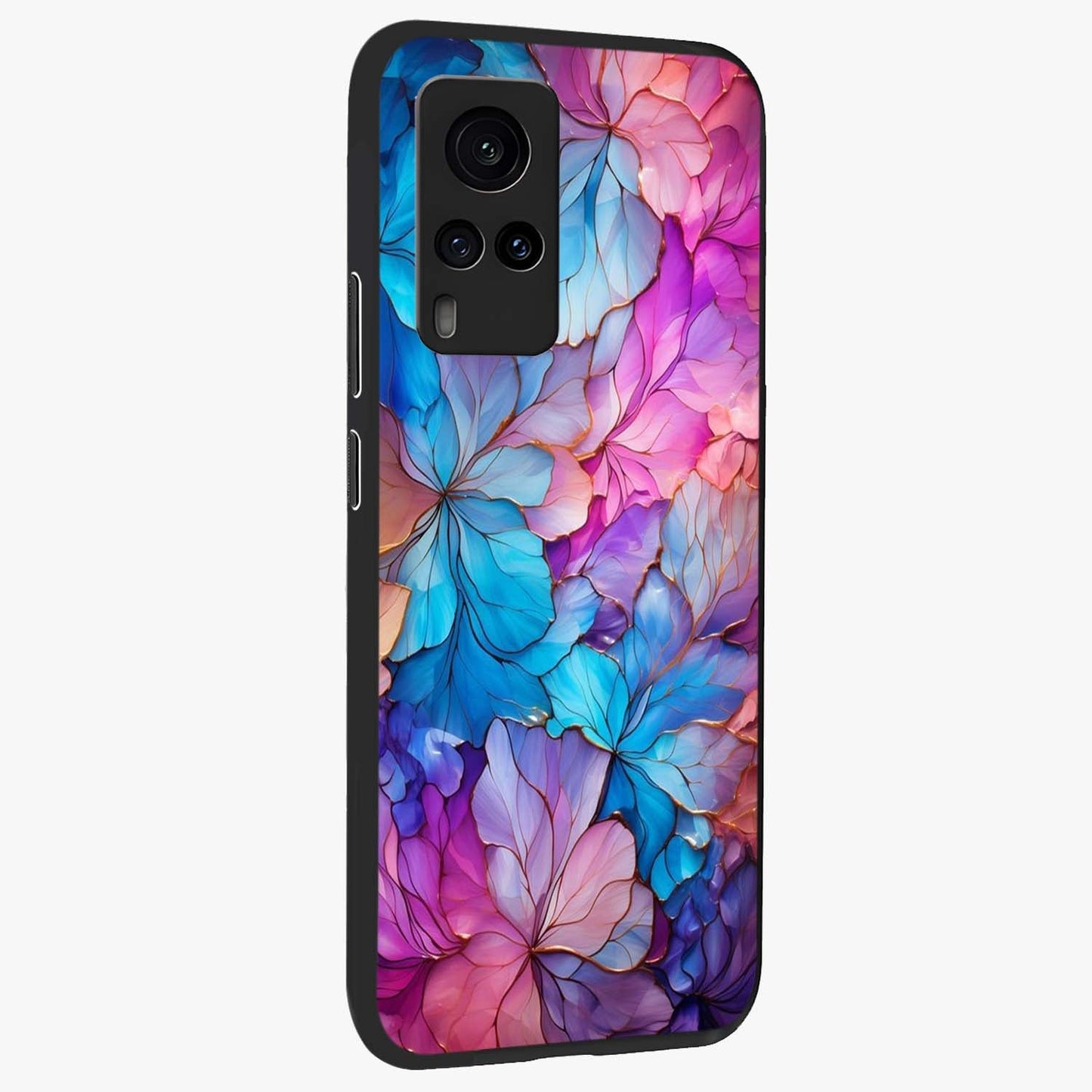 Radiant Floral Whirl Glass Case upright view showcasing lively floral artwork with decorative swirl theme.
