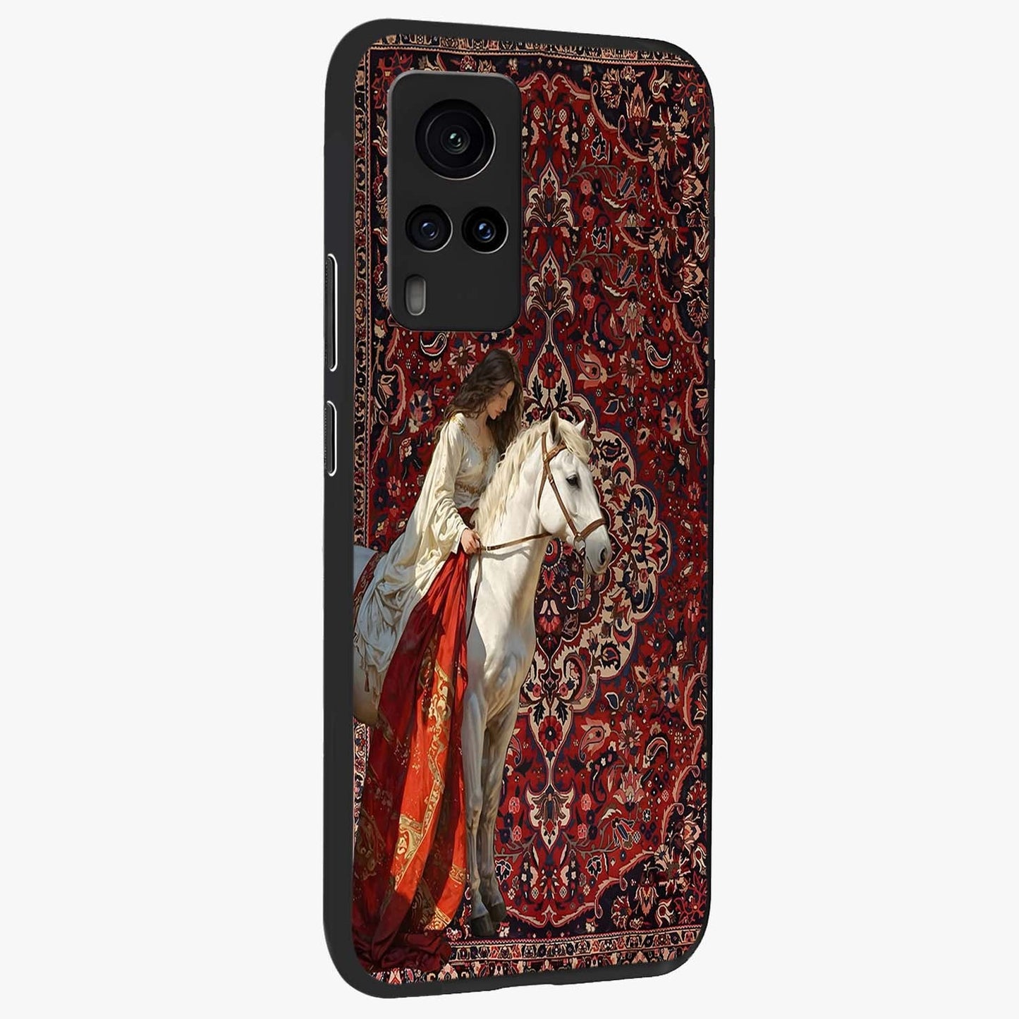 Royal Rider Tapestry Glass Case upright view showcasing detailed rider artwork with classic tapestry theme.