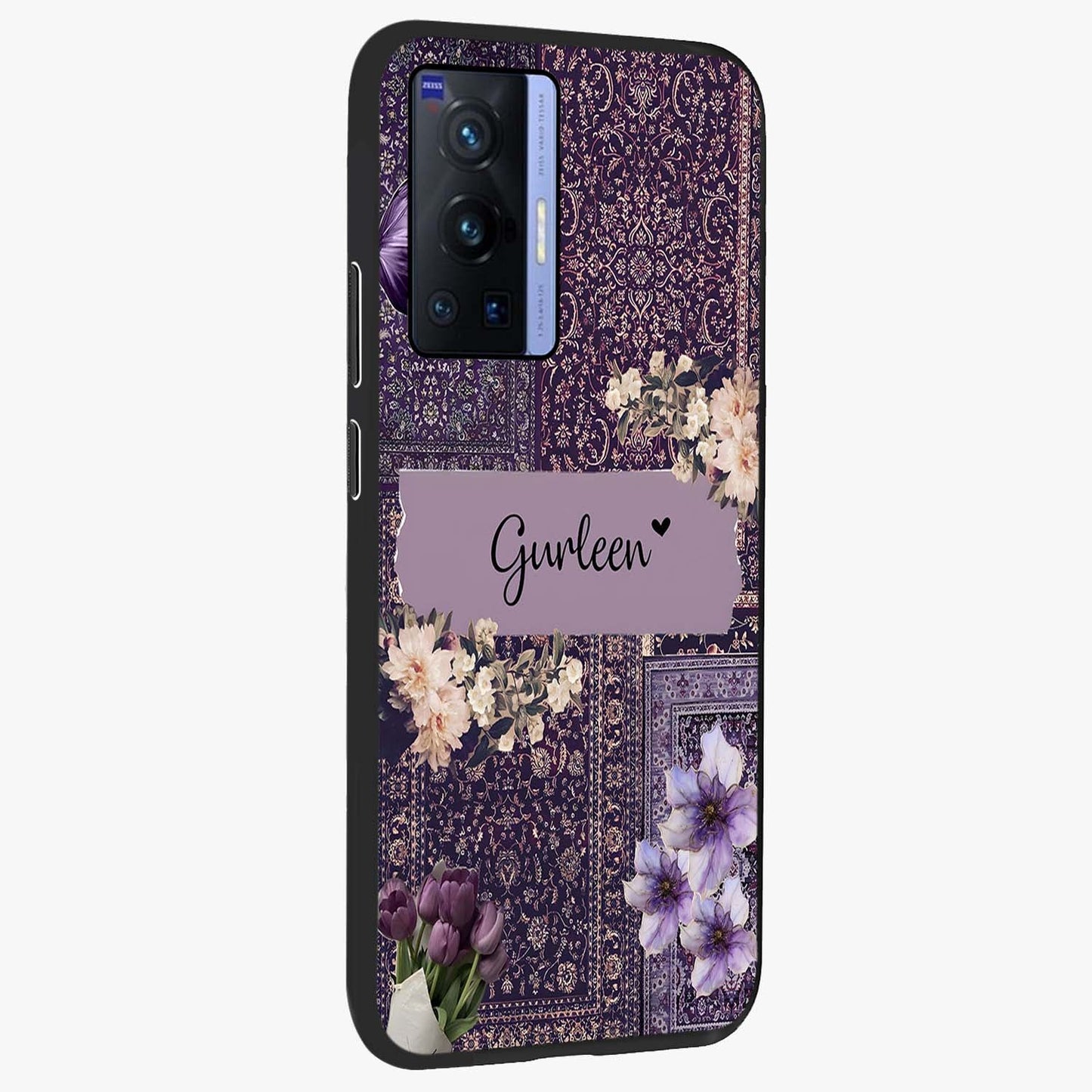 Antique Floral Whisper Custom Name Glass Case upright view showcasing delicate floral artwork with custom name feature.