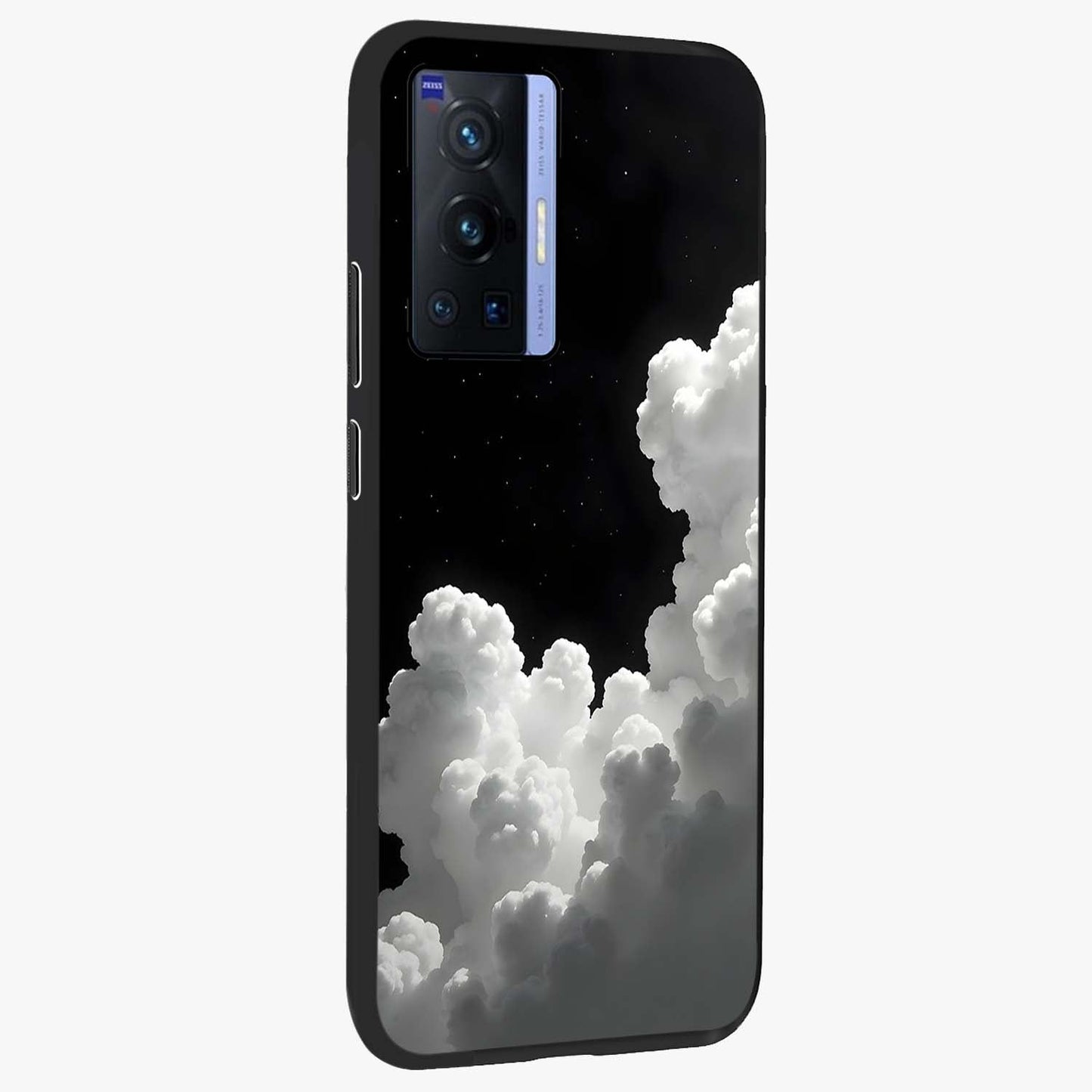 Black Background With White Cloud Glass Case upright view showcasing calm cloud aesthetic with modern minimal style.