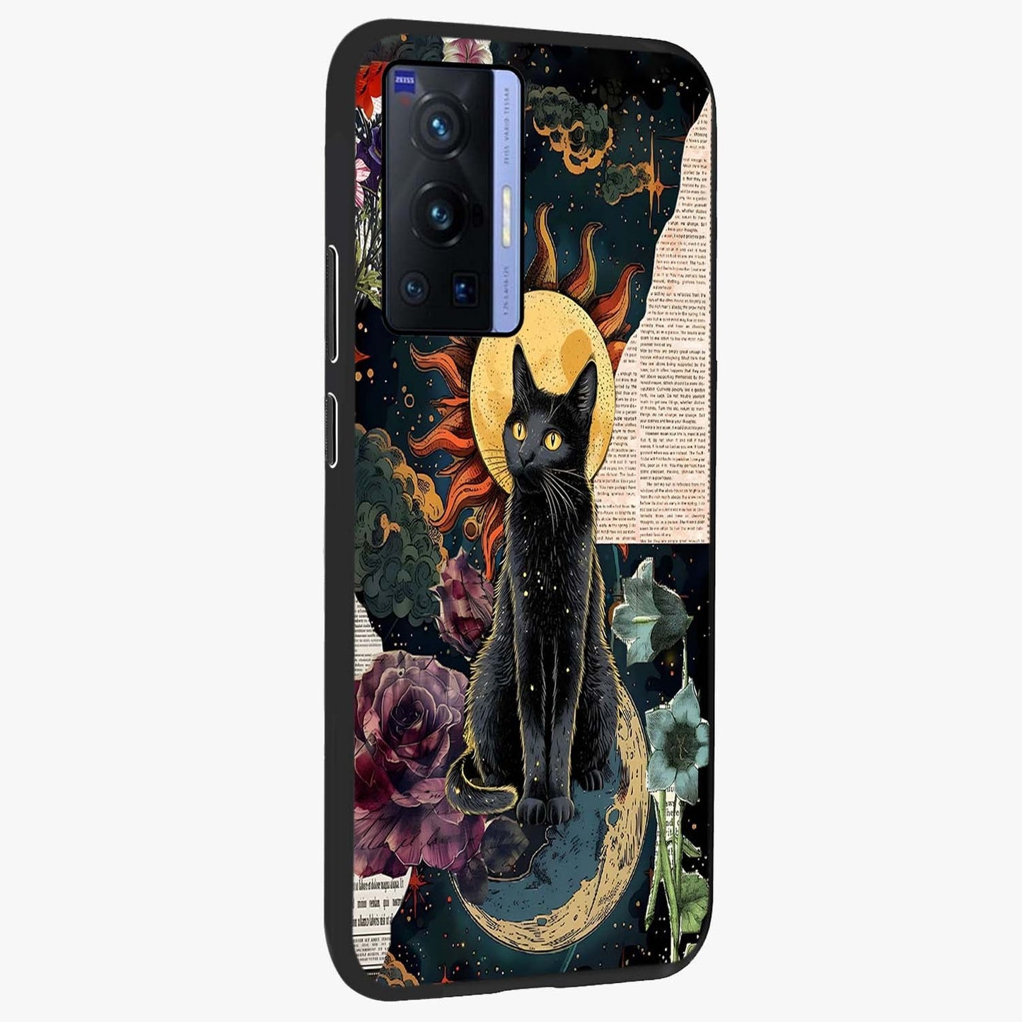 Celestial Black Cat Glass Case upright view showcasing magical black cat illustration with starry cosmic theme.