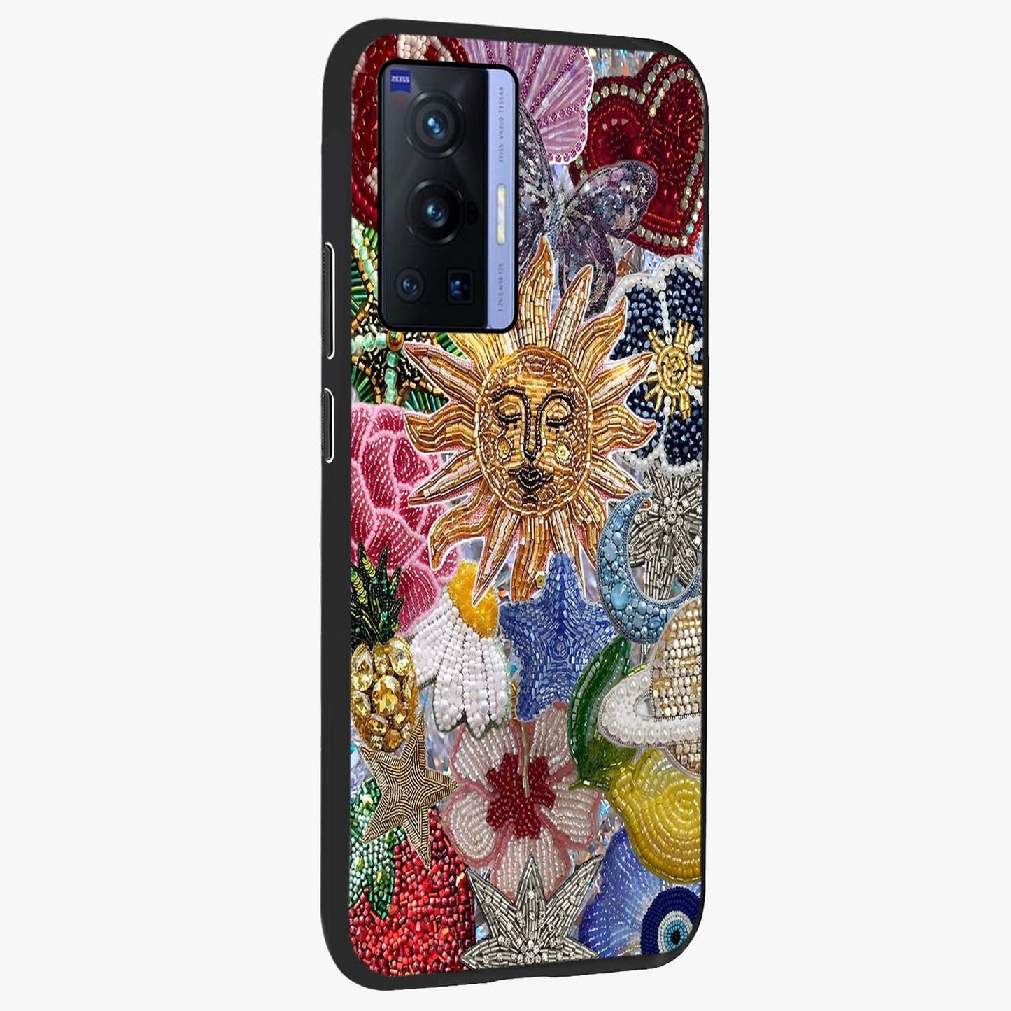 Celestial Floral and Playful Glass Case upright view showcasing whimsical floral artwork with cosmic aesthetic theme.