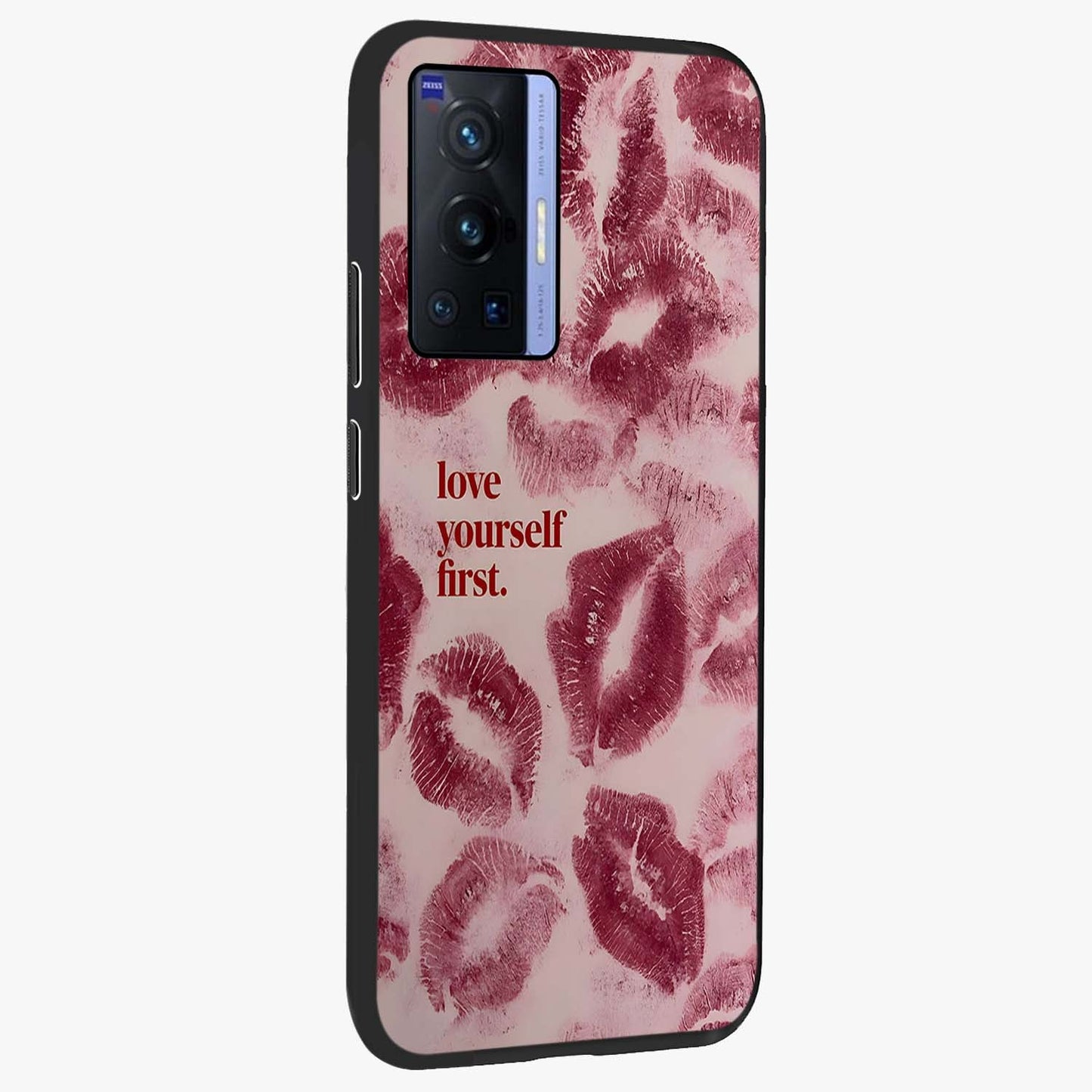 Crimson Kiss Love Glass Case upright view showcasing expressive romantic artwork with deep crimson theme.