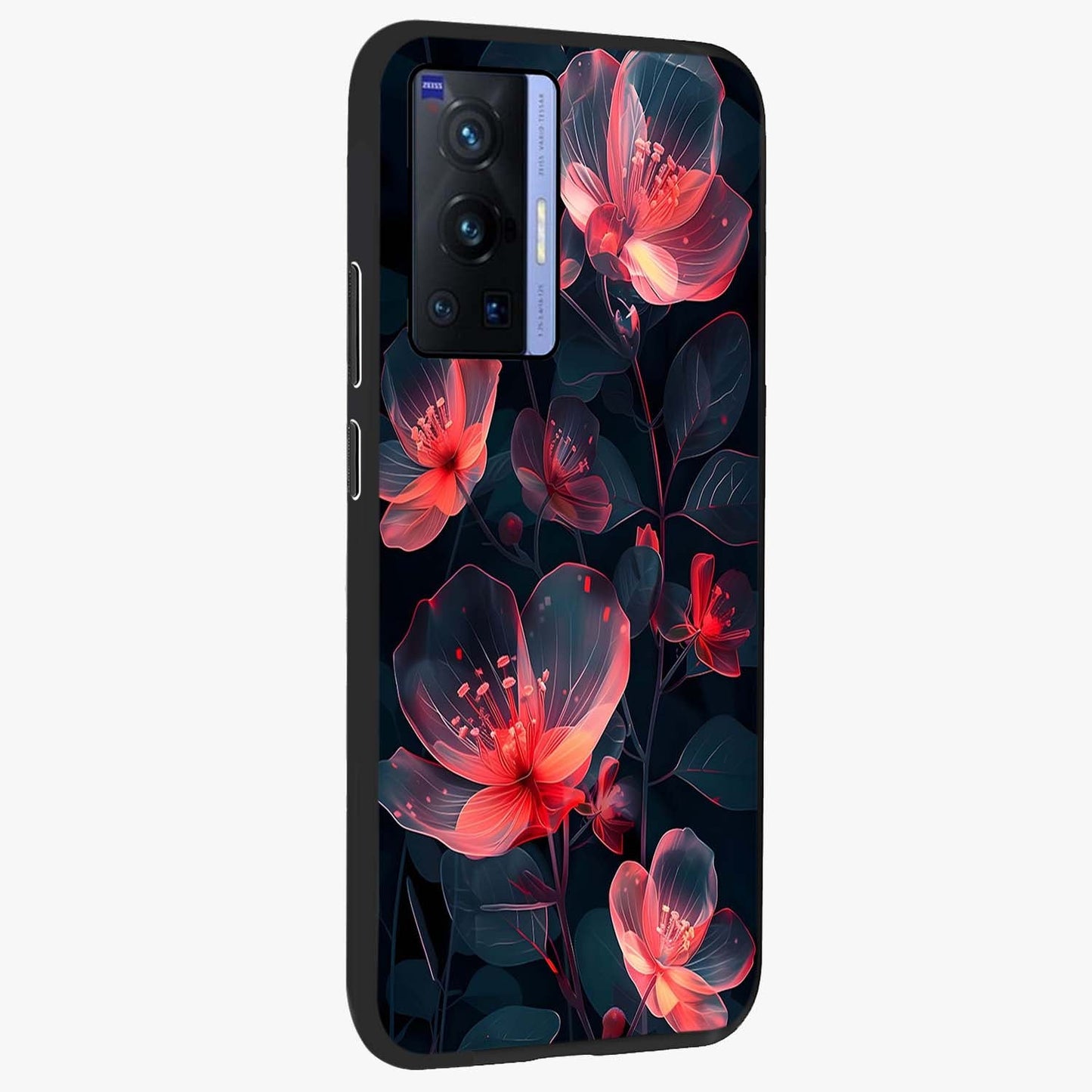 Dark Shade of Flower Glass Case upright view showcasing delicate flower artwork with rich dark floral theme.
