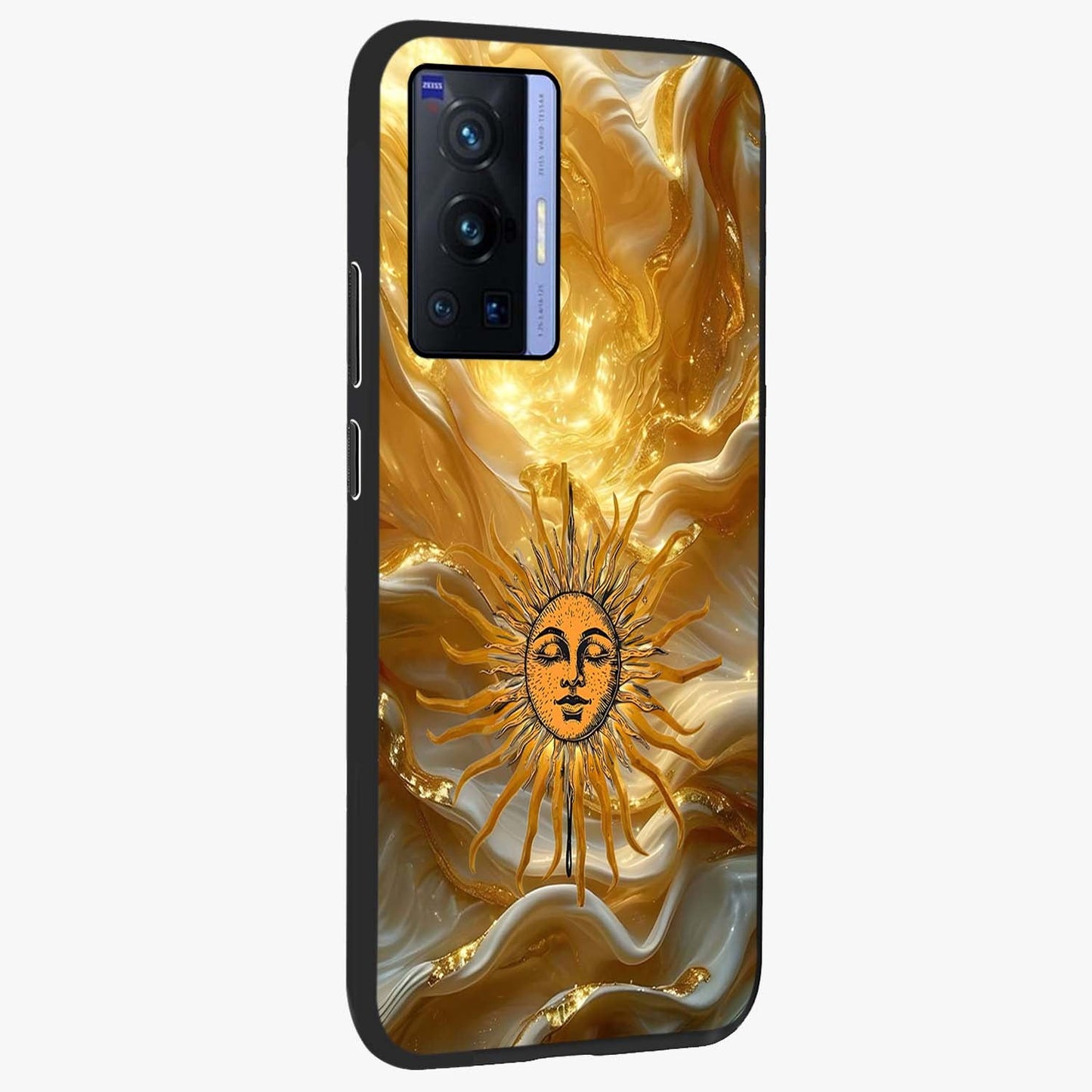 Eternal Golden Glow Glass Case upright view showcasing luminous golden artwork with luxurious visual theme.
