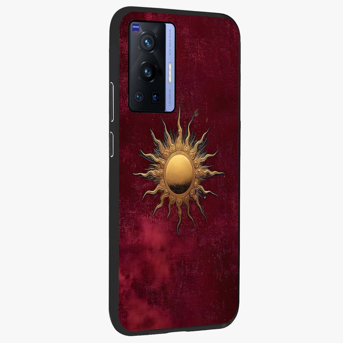 Golden Sun Minimalism Glass Case upright view showcasing simple golden sun artwork with elegant minimalist style.