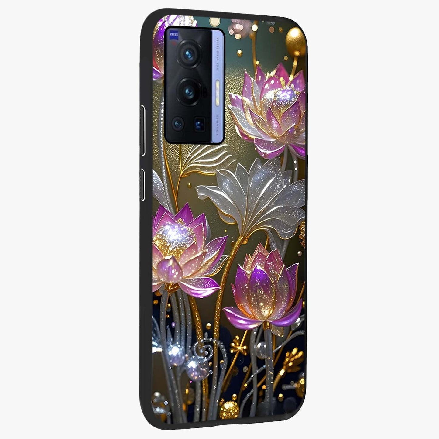 Golden Floral Majesty Glass Case upright view showcasing majestic floral artwork with rich decorative theme.