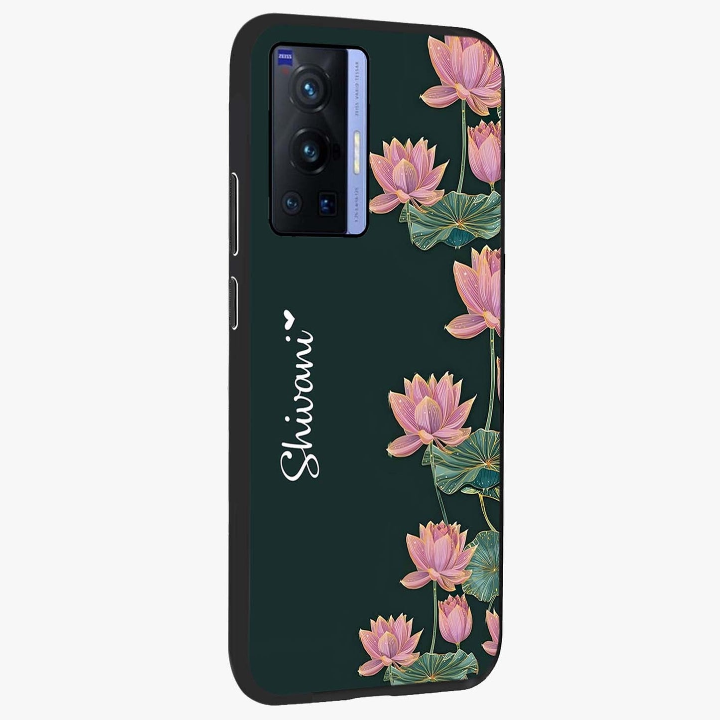 Lotus Bloom Serenity Custom Name Glass Case upright view showcasing serene lotus bloom artwork with personalized floral aesthetic.