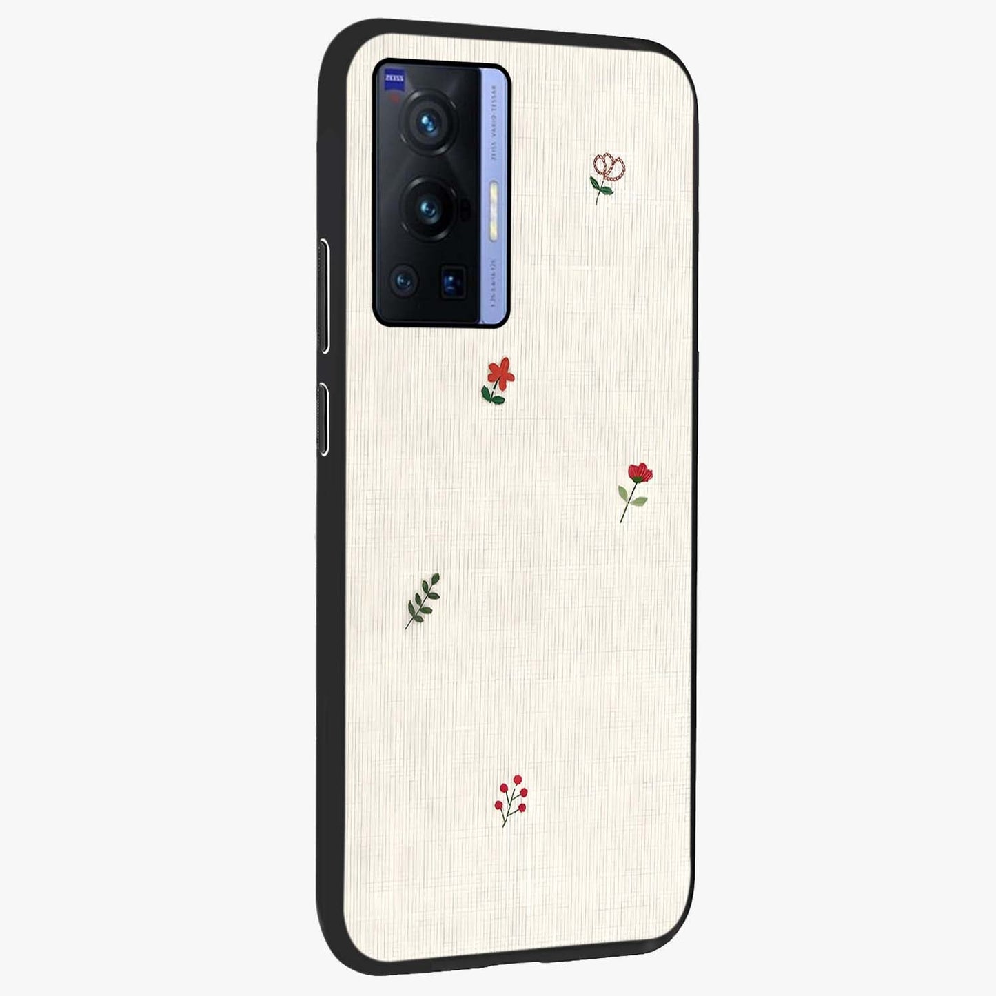 Minimal Petal Whispers Glass Case upright view showcasing elegant floral artwork with modern minimalist style.