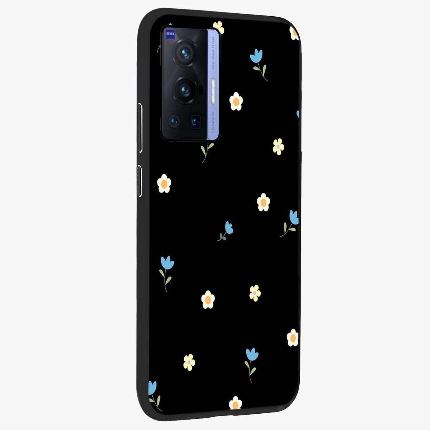 Minimalistic Blue With White Flower Pattern Glass Case upright view showcasing clean white flower artwork with calming blue theme.