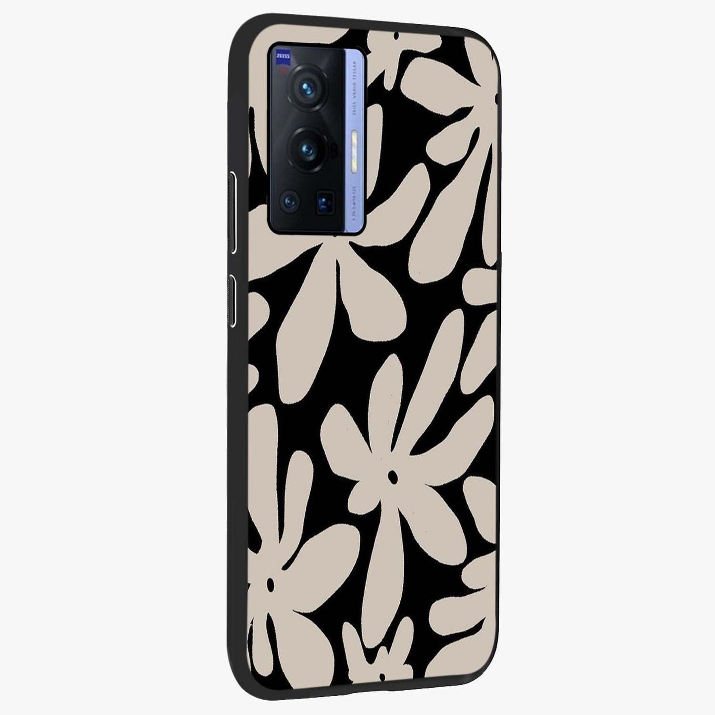 Monochrome Petal Dance Glass Case upright view showcasing artistic floral pattern with stylish monochrome theme.