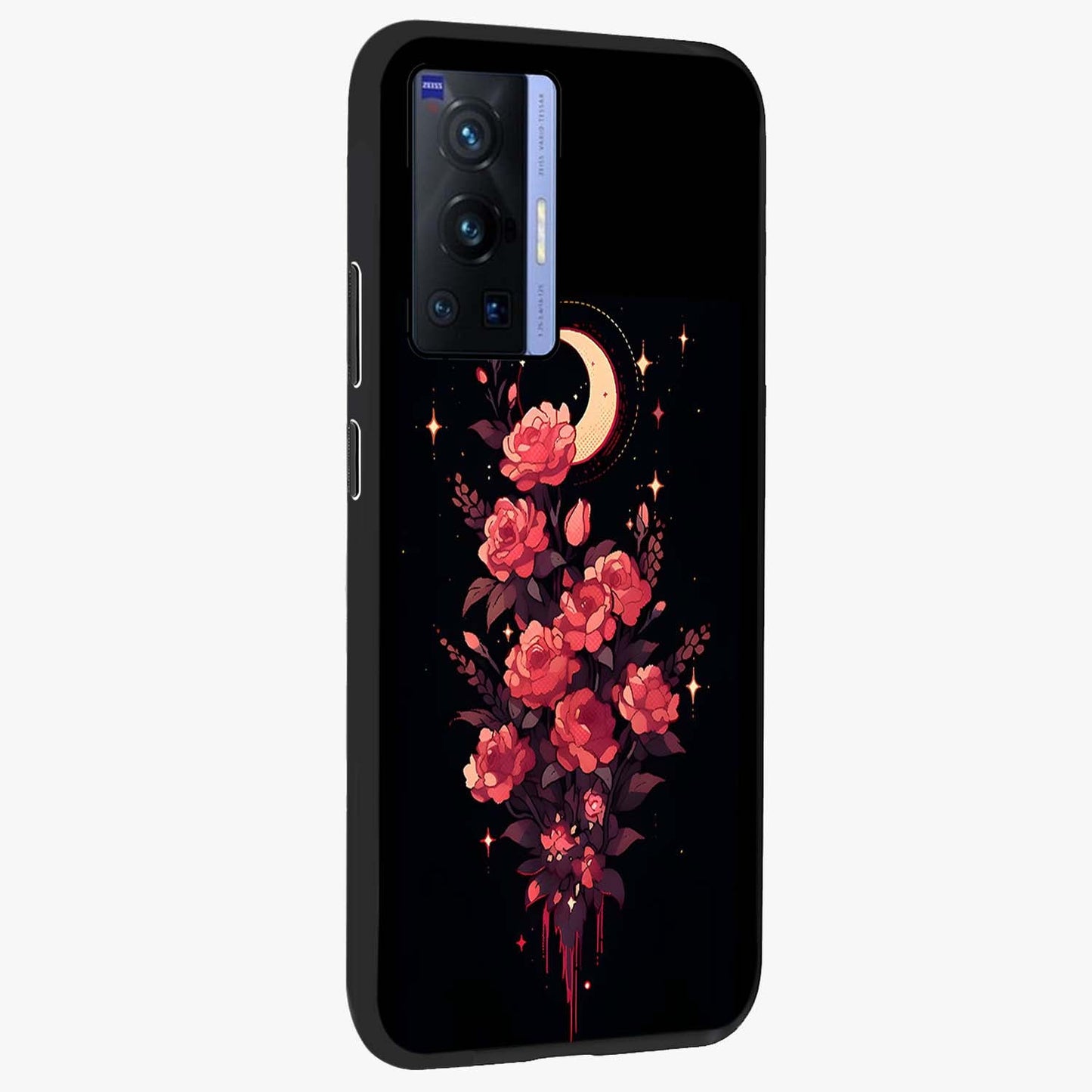Moonlit Floral Elegance Glass Case upright view showcasing delicate floral artwork with refined night inspired theme.