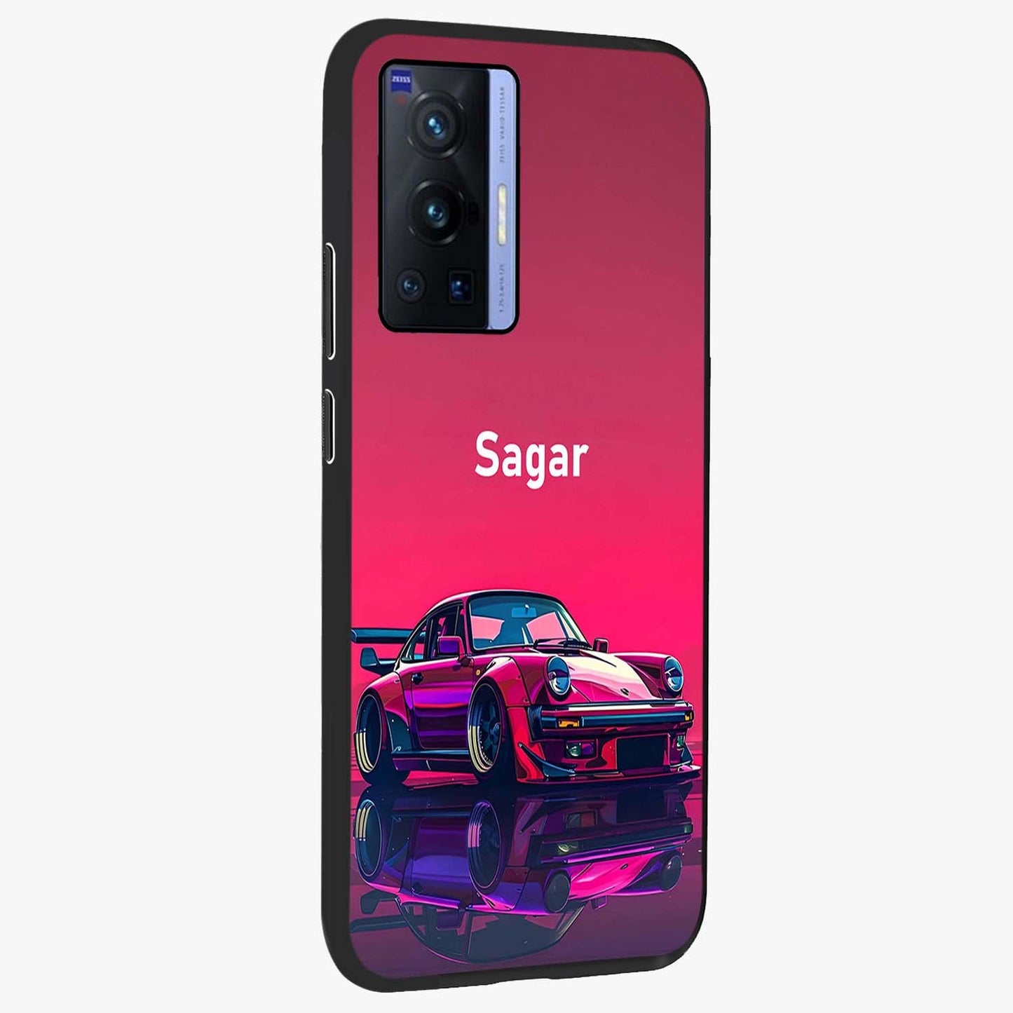 Neon Pink Porsche Glass Case upright view showcasing vibrant sports car artwork with bold automotive theme.